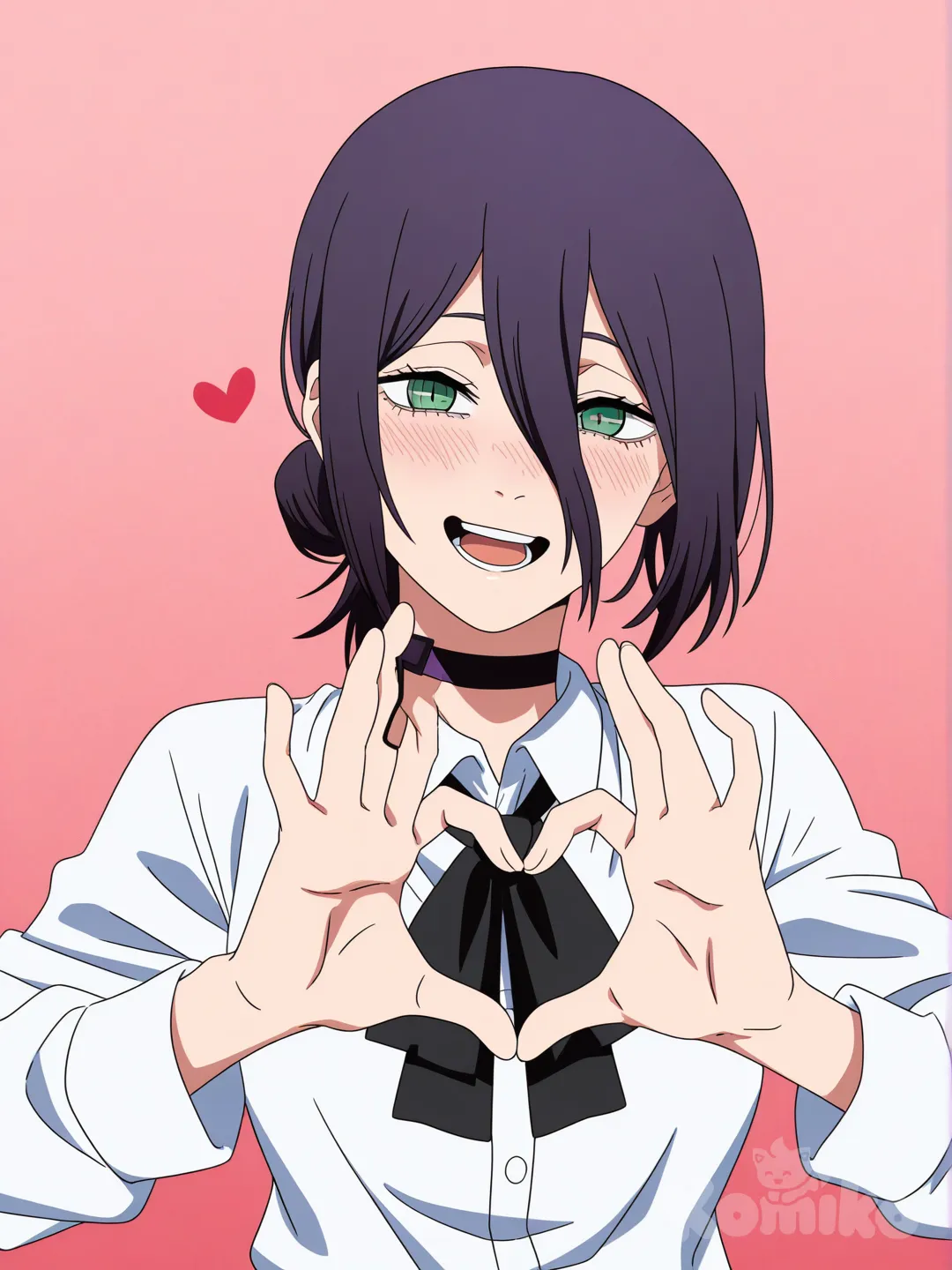 @Reze_(Chainsaw_Man), [pop-anime-style], heart hands, laughing, blush