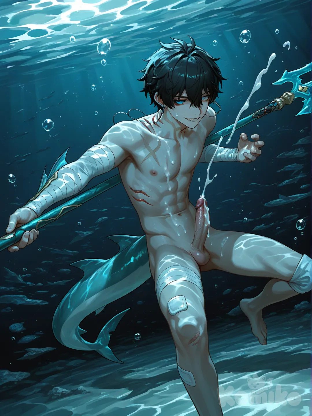 Muốn tạo nhân vật Dan Heng trong Honkai(series) 
Bối cảnh dướt biển sâu
Tay cầm đinh ba sắc nhọn
Tư thế chiến đấu 
Có vây ở tay cân
Và có mang cá ở cổ
Tròng mắt sắc sảo xanh thẳm sâu
Không mặc quần áo body slim thon gọn 
Cặc cương cứng cong lên bắn tung tóe
Khuỷu tay và đầu gối đeo băng bảo vệ màu trắng
Tinh dịch bắn tùm lum cực mạnh
Cười dâm đãng lộ hàm răng sắc nhọn 
[sensual-glossy-style]