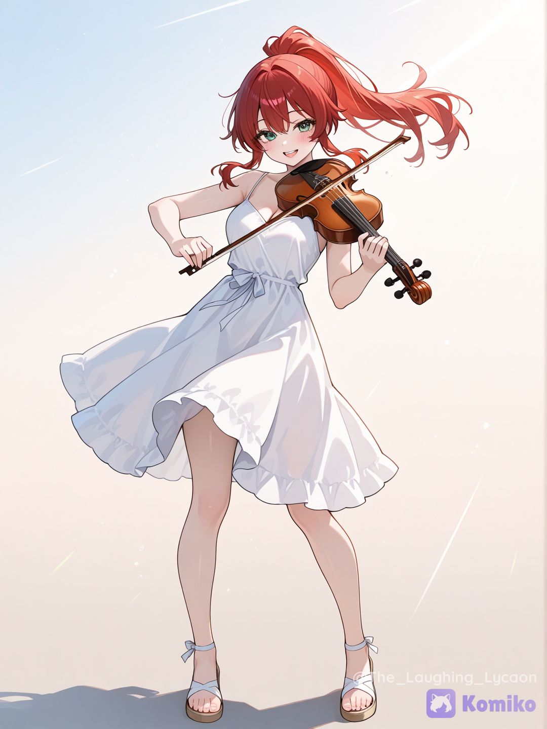 1girl, smile, summer dress, red hair, green eyes, high ponytail, cleavage, playing violin, full body, gradient background