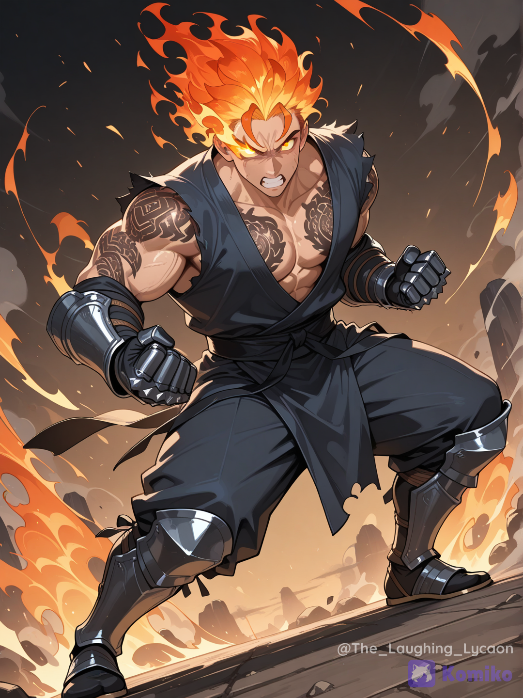 1boy, angry, monk clothes, flaming hair, flaming eye, gauntlets, tattoos, leg armor, black sash, full body