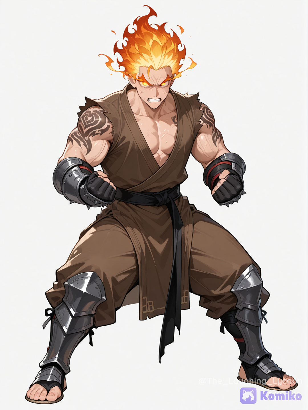 1boy, angry, monk clothes, flaming hair, flaming eye, gauntlets, tattoos, leg armor, black sash, full body, clean background