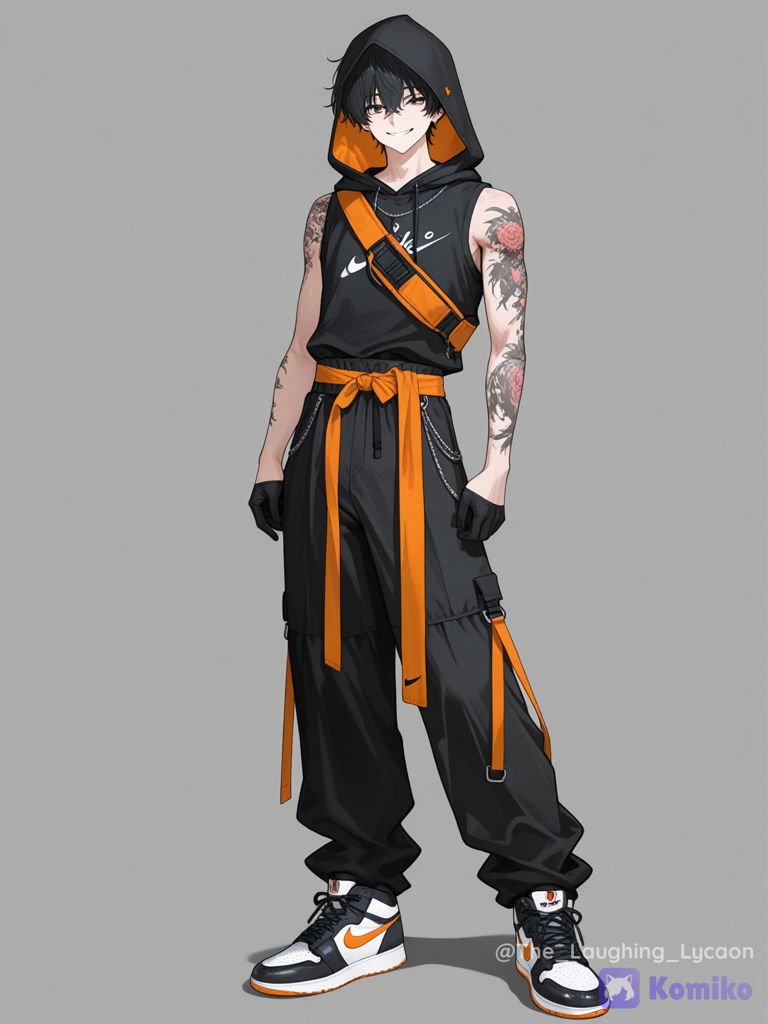 1boy, smile, short messy black hair, arm tattoos, sleeveless shirt, black hood, orange sash, half gloves, Nike shoes, streetwear outfit, full body