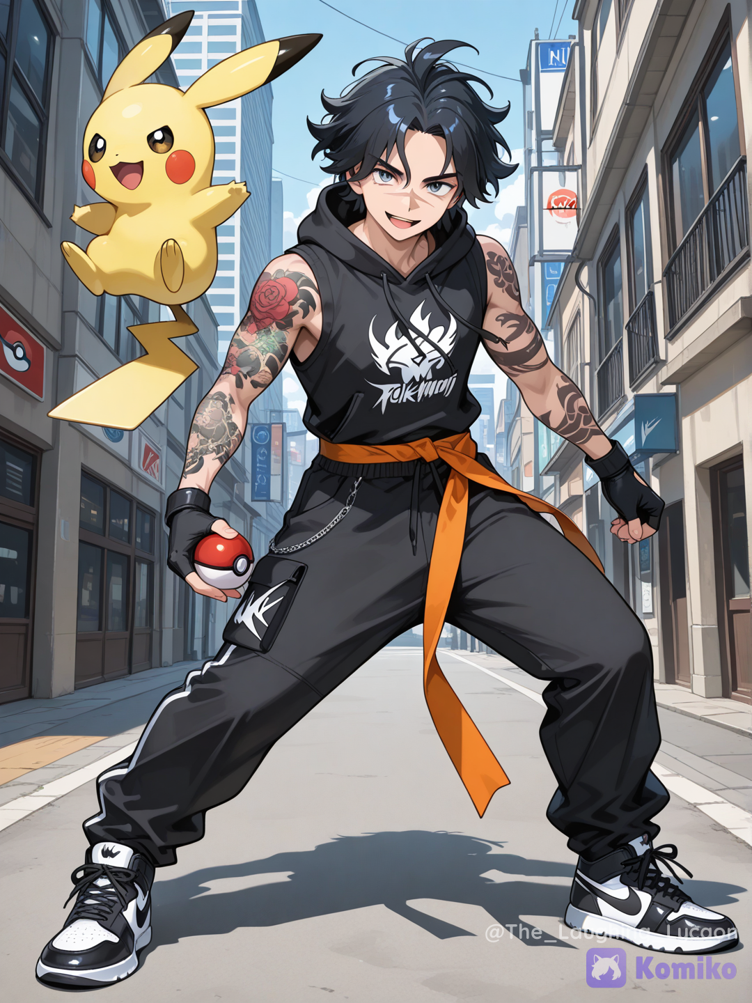1boy, smile, short messy black hair, arm tattoos, sleeveless shirt, black hood, orange sash, Nike shoes, streetwear outfit, fingerless gloves, scar on nose, holding poke ball, pokemon (creature)
