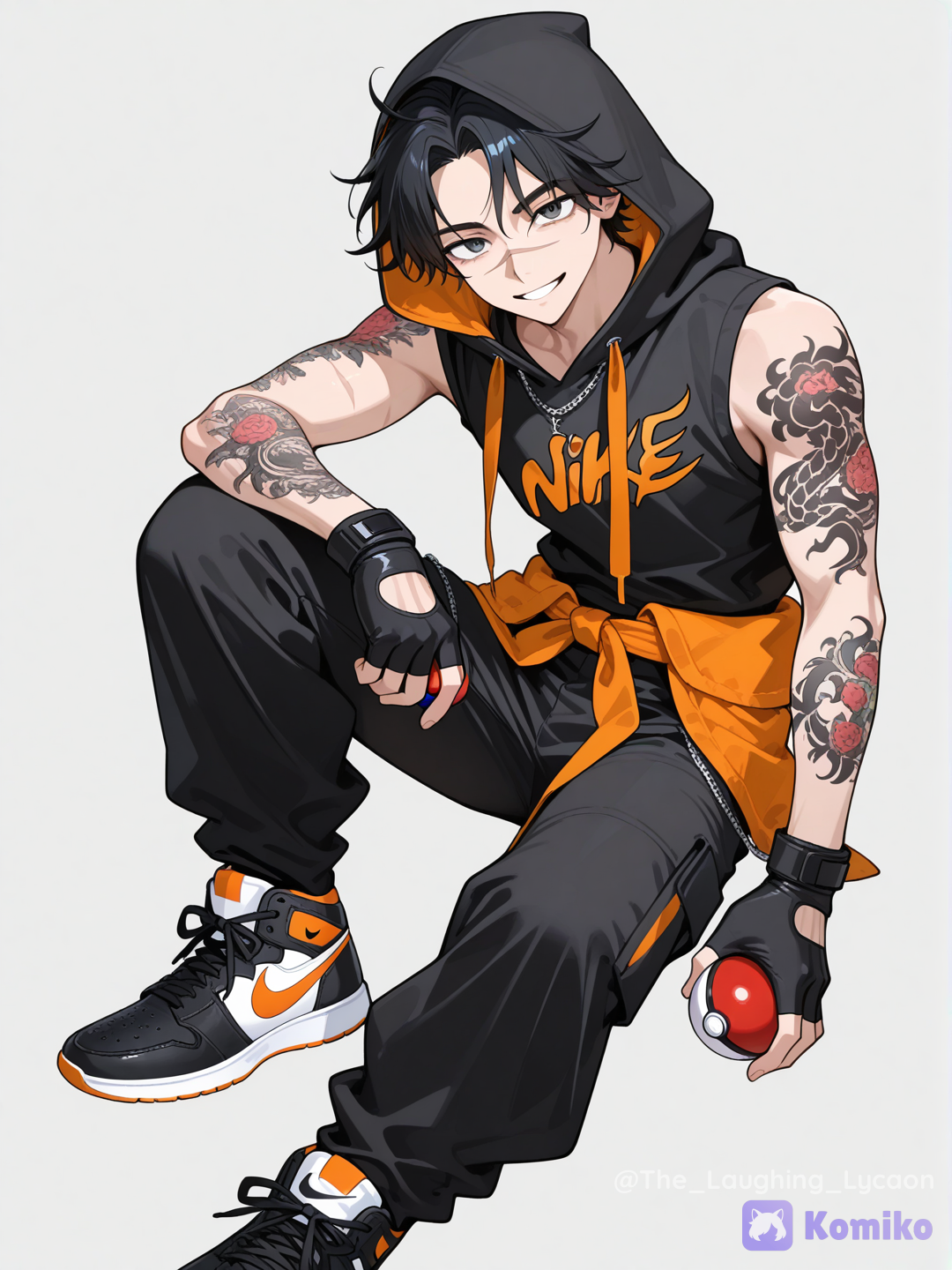 1boy, smile, short messy black hair, arm tattoos, sleeveless shirt, black hood, orange sash, Nike shoes, streetwear outfit, fingerless gloves, scar on nose, holding poke ball, clean background