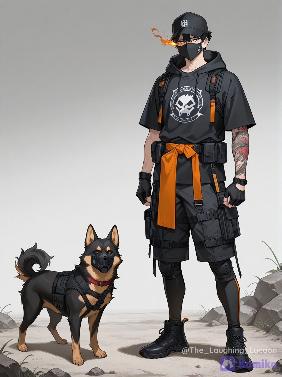 1boy, expressionless, tactical shorts, black hood, t-shirt, face mask, baseball cap, black hair, red sash, tattoos, flaming eye, orange sash, full body, dog