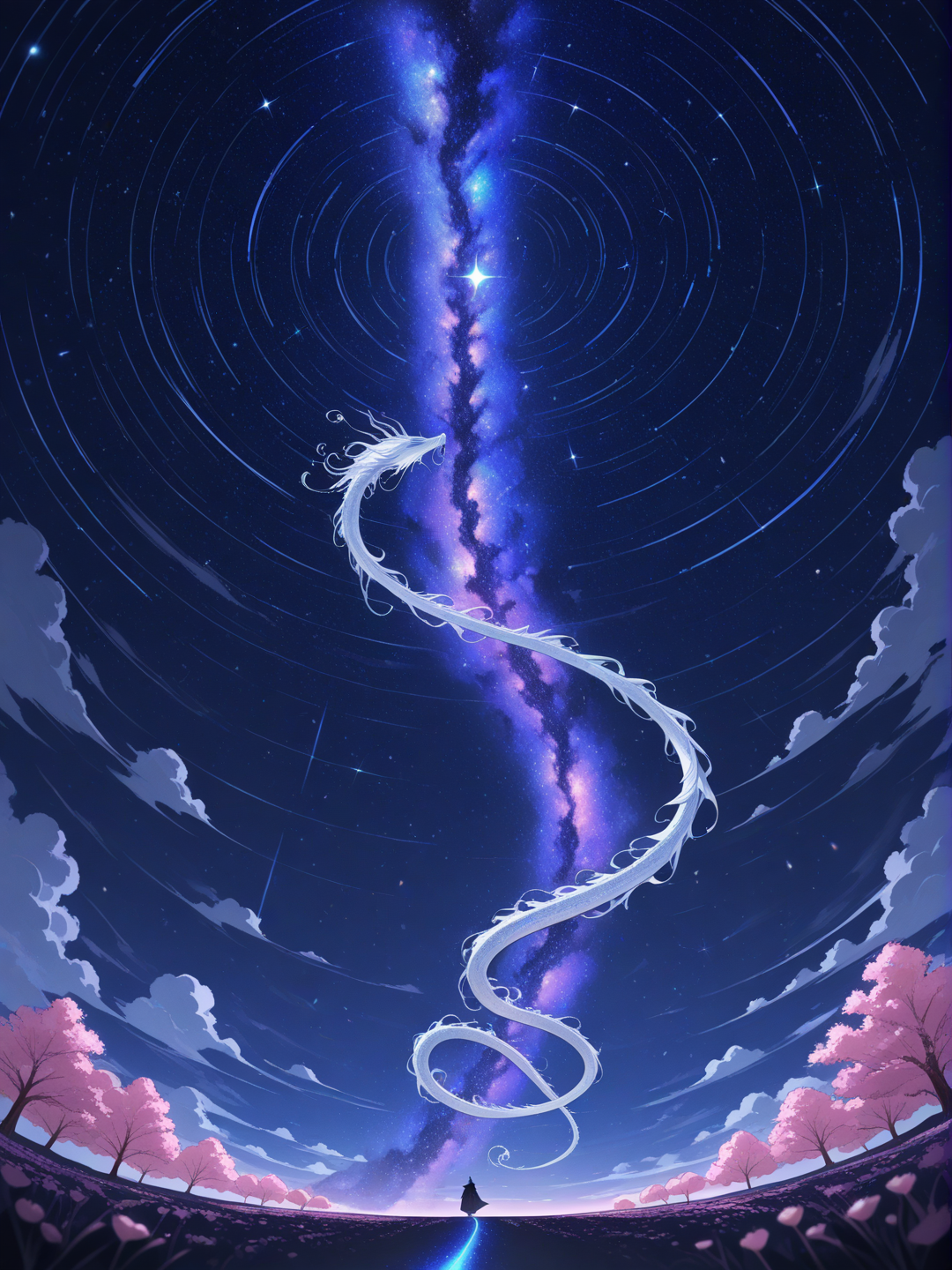 Chinese dragon, chinese zodiac, from below, ultra-wide shot, night, sle, glowing particles, cosmic background, starry sky, cherry blossom path