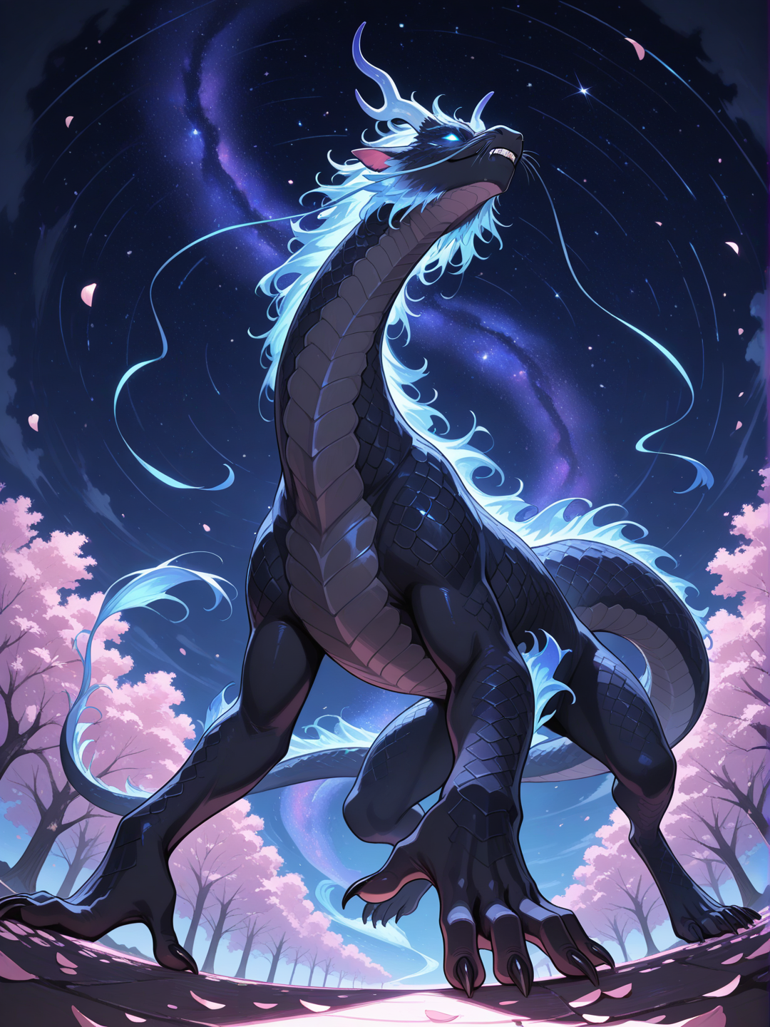 Chinese dragon, chinese zodiac, from below, night, sle, glowing particles, cosmic background, starry sky, cherry blossom path