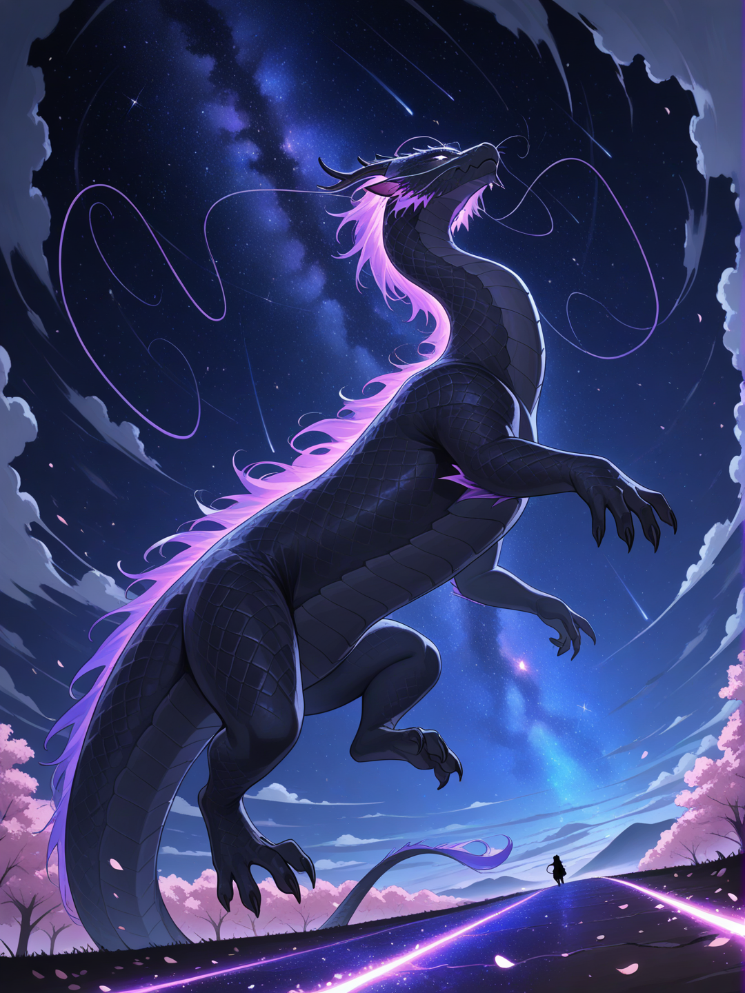 Chinese dragon, chinese zodiac, from below, night, sle, glowing particles, cosmic background, starry sky, cherry blossom path