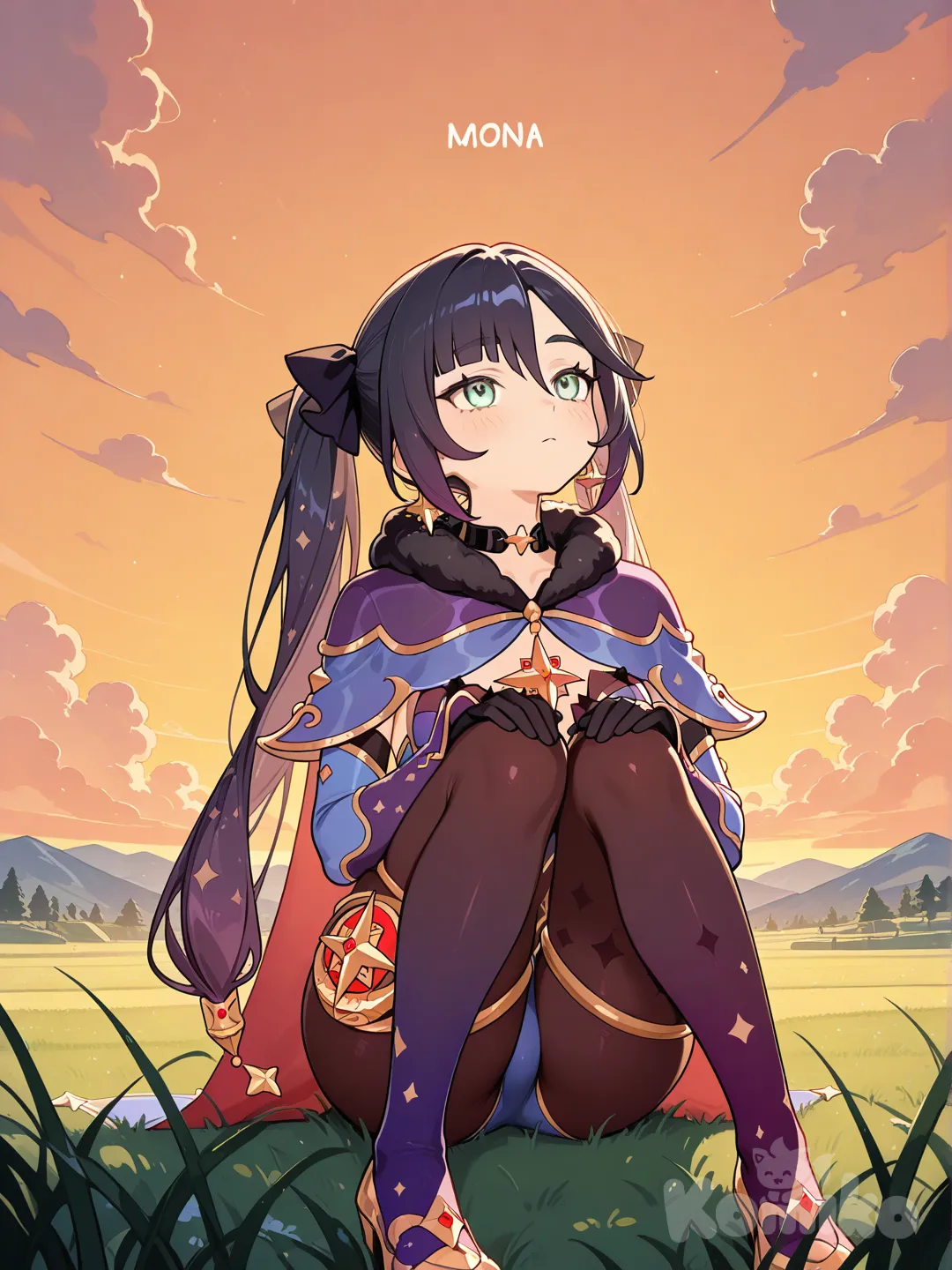 @Mona_(Genshin_Impact) sentada mirando hacia arriba en un atardecer sentada en un campo