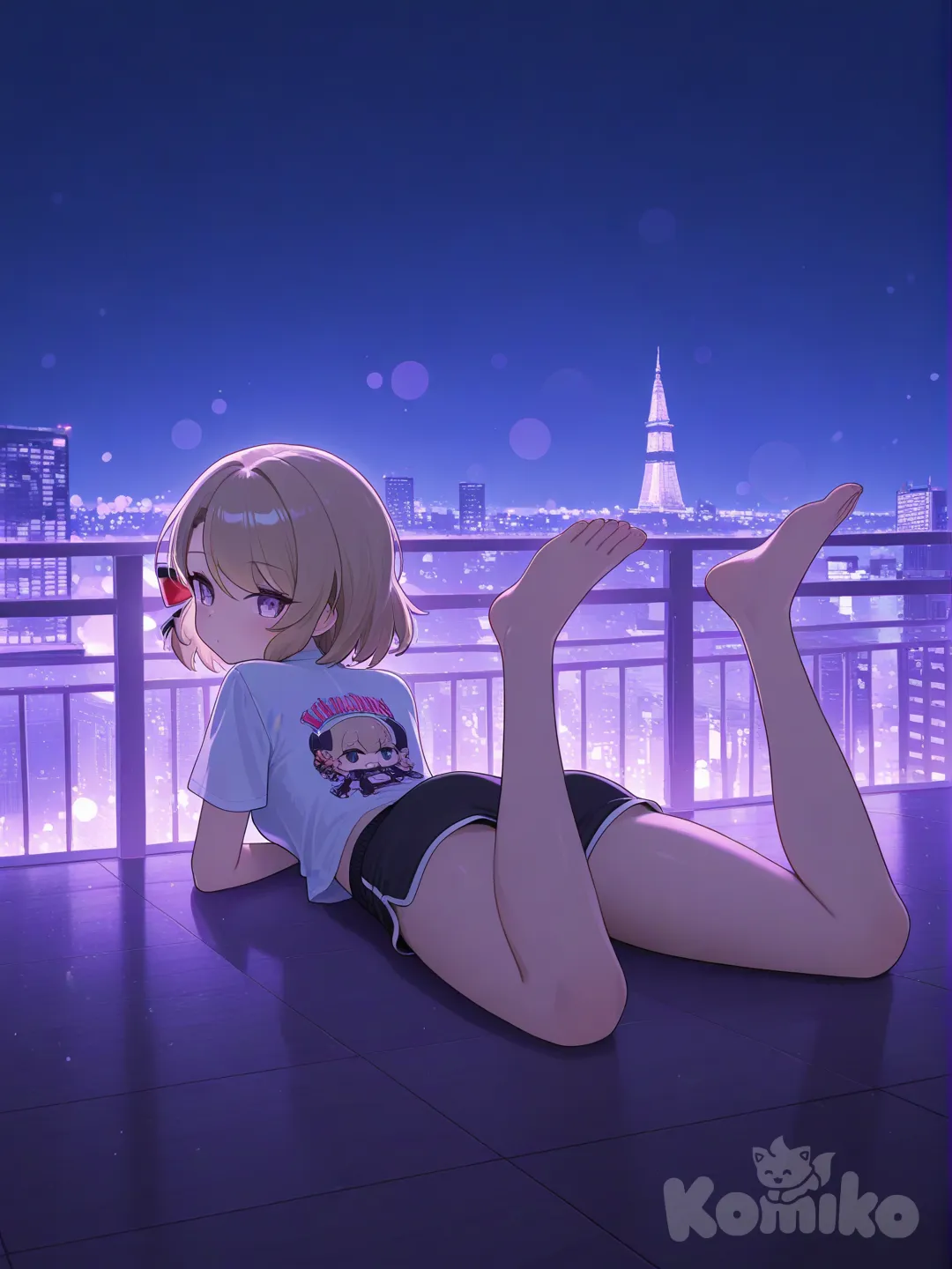 lie on stomache, city lights, squatting, baby tee, @Z23_(Azur_Lane)