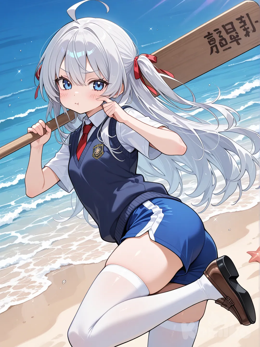 @Alisa_Mikhailovna_Kujou, looking back, face pinching, school vest, beach shorts, tie