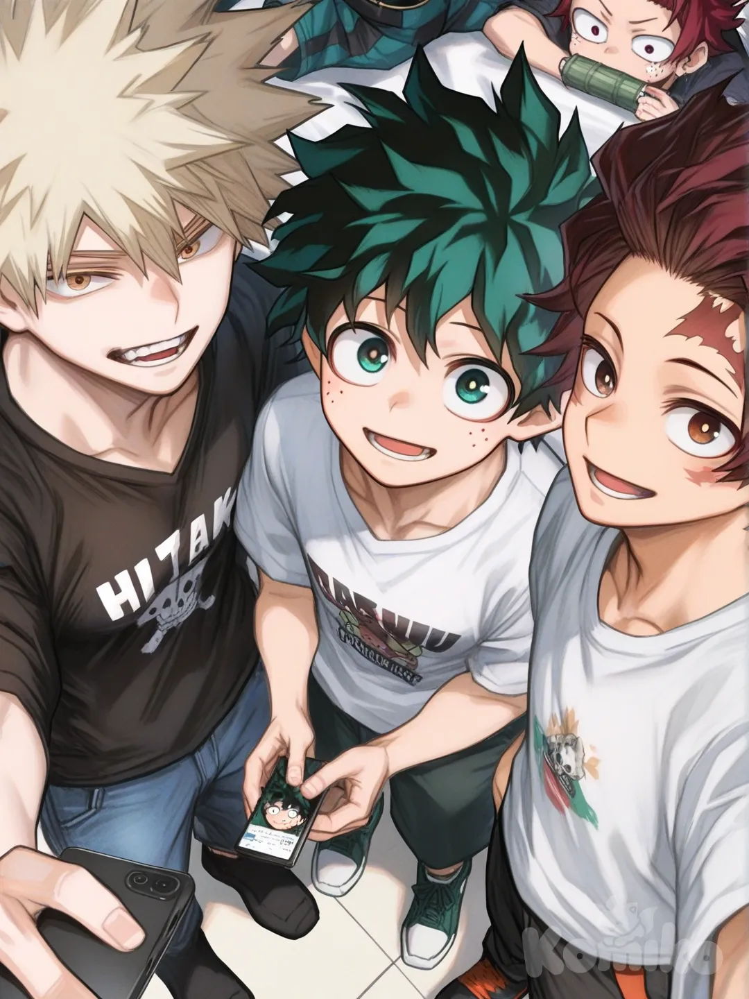 [semi-realistic-portrait-style], selfie, t-shirt, full body, @Tokitou_Muichirou, @Midoriya_Izuku, @Bakugou_Katsuki, @Kamado_Tanjirou