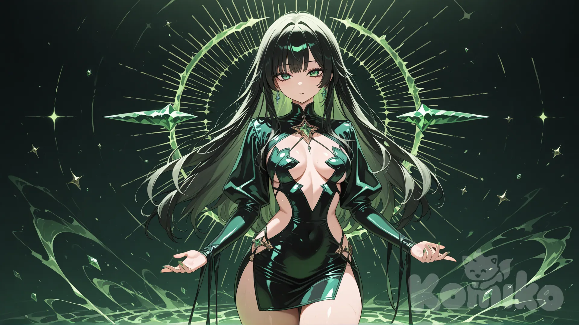 Chica de pelo negro oscuro largo con ojos verdes esmeralda hipnotizantes con ropa muy corta