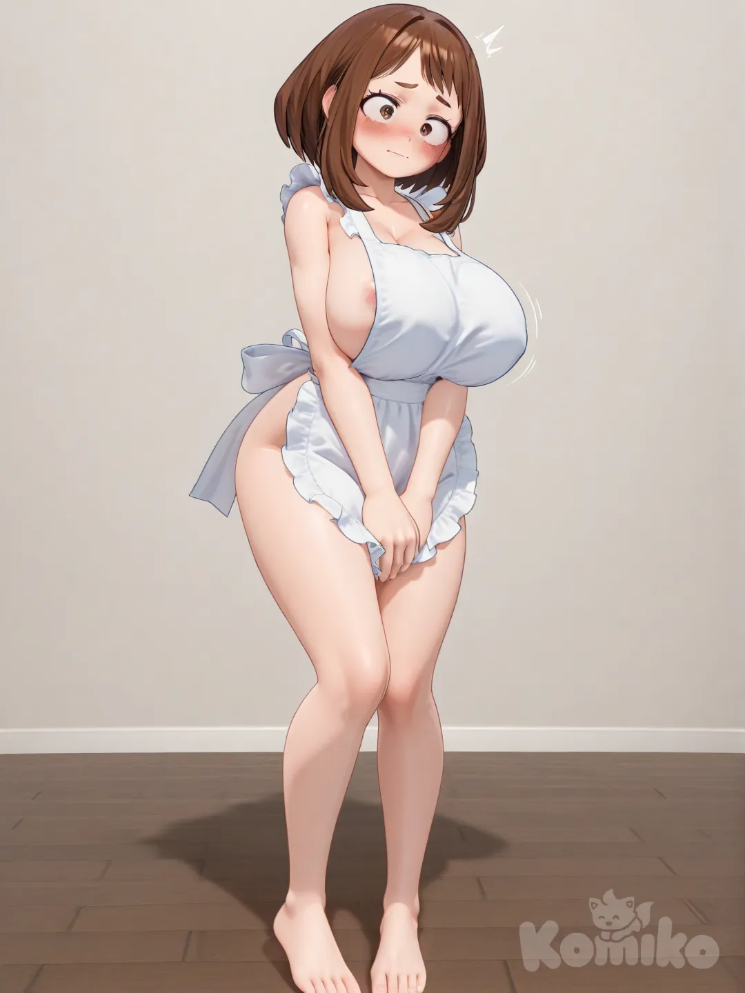 1girl, ultra-Uraraka Ochako, giant breasts, huge boobs, [3d-model-style], head tilt, blush, full body, naked apron, covering privates, embarrassed