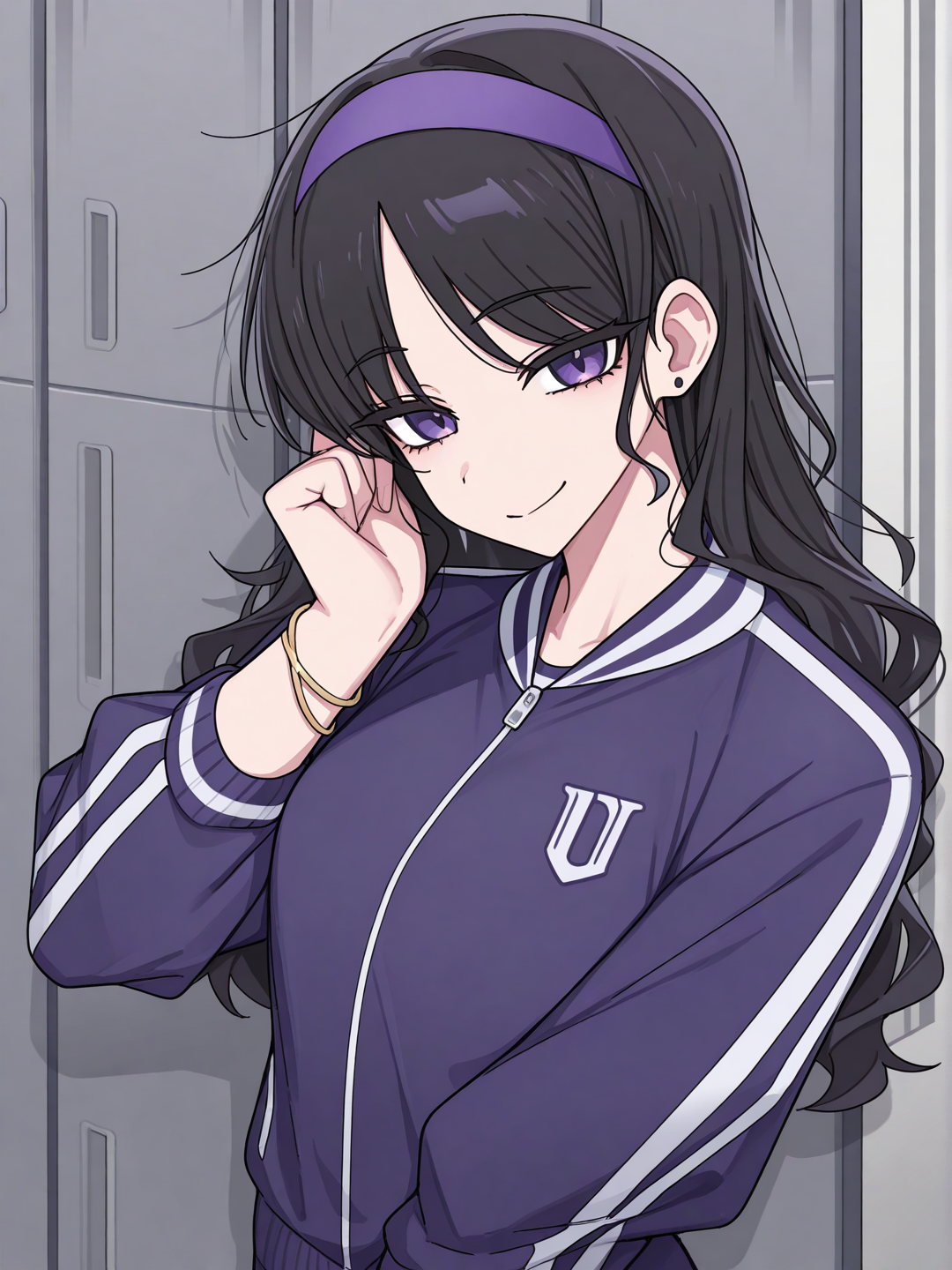 [toon-shaded-style], 1girl, teenager, tall, athletic, black hair, wavy hair, purple eyes, fair skin, varsity jacket, headband, bracelet