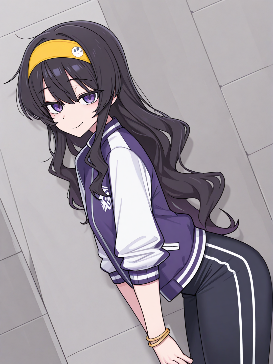 [toon-shaded-style], 1girl, teenager, tall, athletic, black hair, wavy hair, purple eyes, fair skin, varsity jacket, headband, bracelet