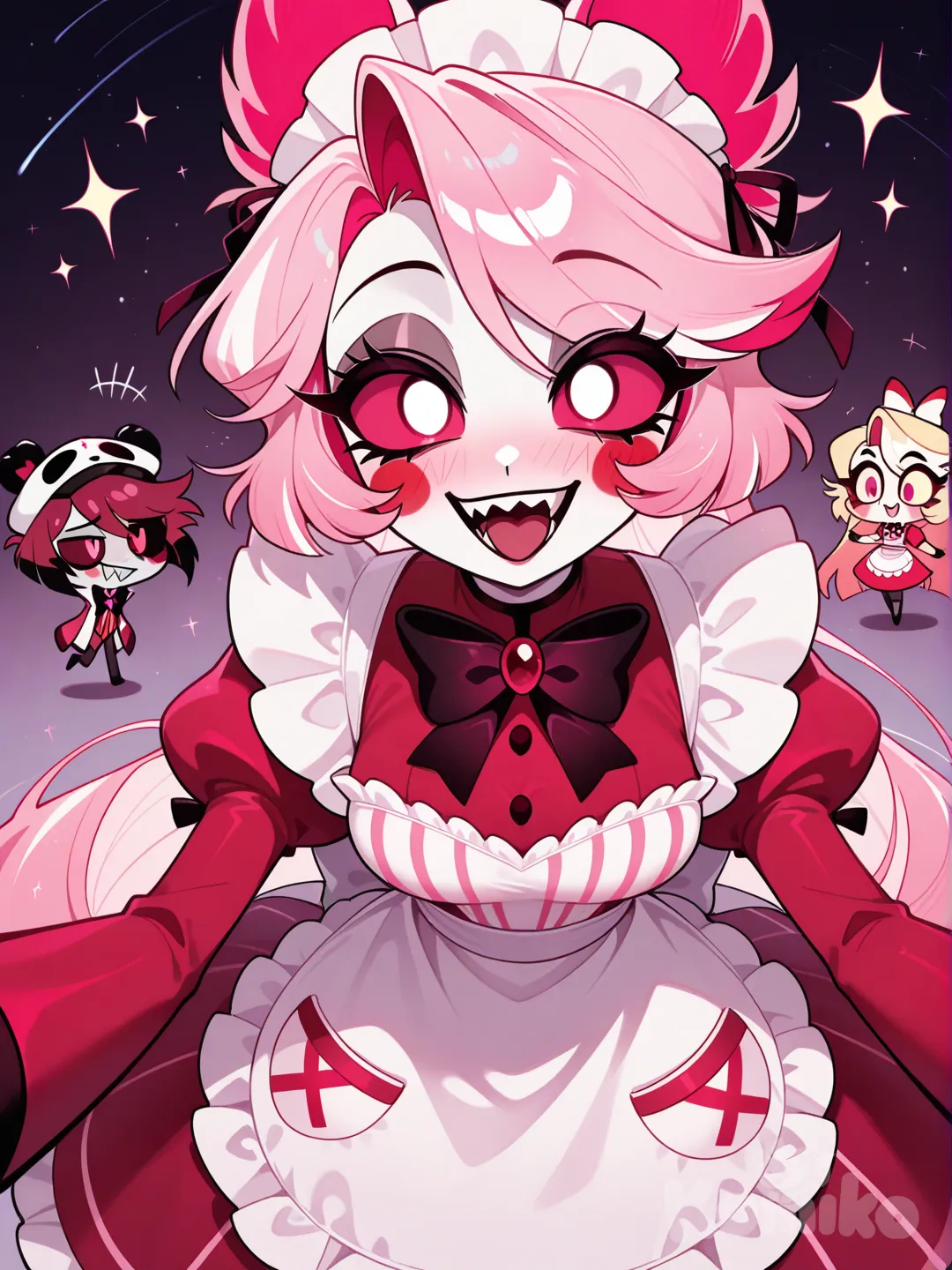 anime girl with panda hat, cute kawaii style, adorble character design, 2people, @Alastor_The_Radio_Demon, @Husk, @Niffty, @Angel_Dust, @Charlie_Magne, @Vaggie, 2people, 1boy, 1girl, 2people