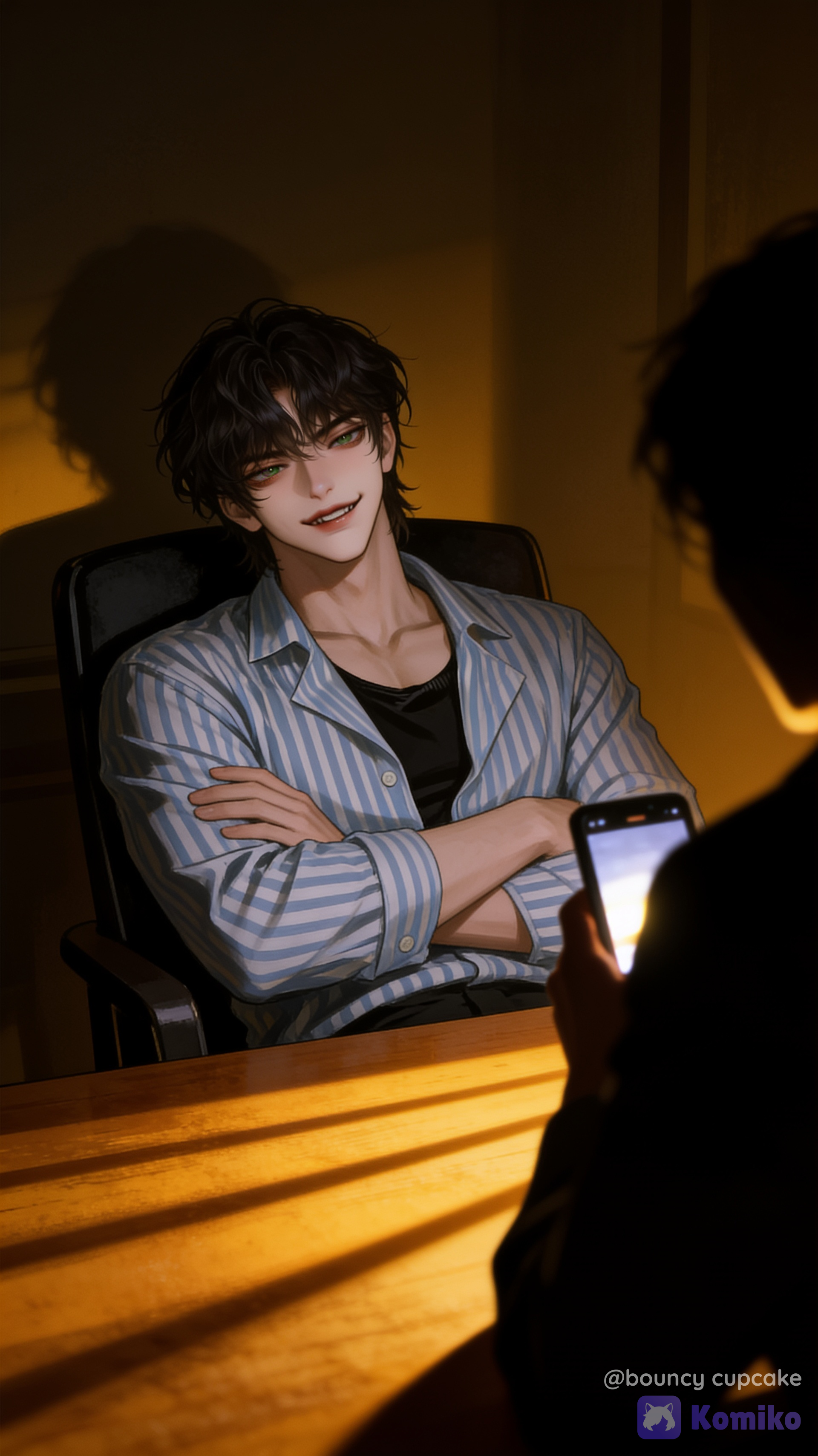 @liam-zZOJ A dimly lit room with warm amber lighting casts long shadows across a wooden table. A man with sharp features and piercing green eyes leans back in his chair, arms crossed over a striped button-down shirt stretched taut across his shoulders. His expression is a predatory, knowing smile, dark amusement flickering in his gaze as he watches intently. Across from him, a figure holds a phone, their silhouette partially illuminated by the screen's glow. The atmosphere is thick with tension, charged and expectant, the composition emphasizing the narrowing distance and the man's controlled, restless stillness.