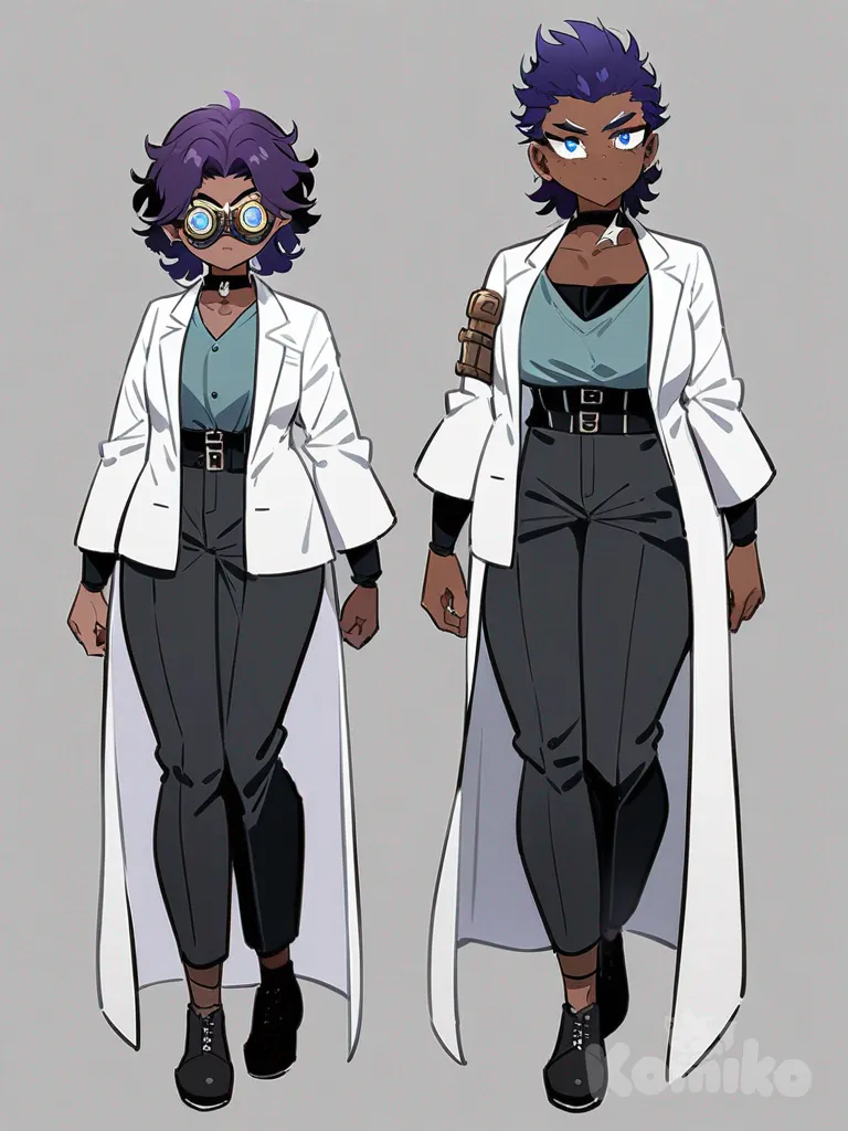 1girl, Slayer, Demon Slayer, original character, teenager, tall, scrawny, curvy, purple hair, short hair, curly hair, mullet, blue eyes, scar, freckles, tan skin, lab coat, suit pants, choker, steampunk goggles, single character, full body, looking at viewer, anime style, simple background, white background