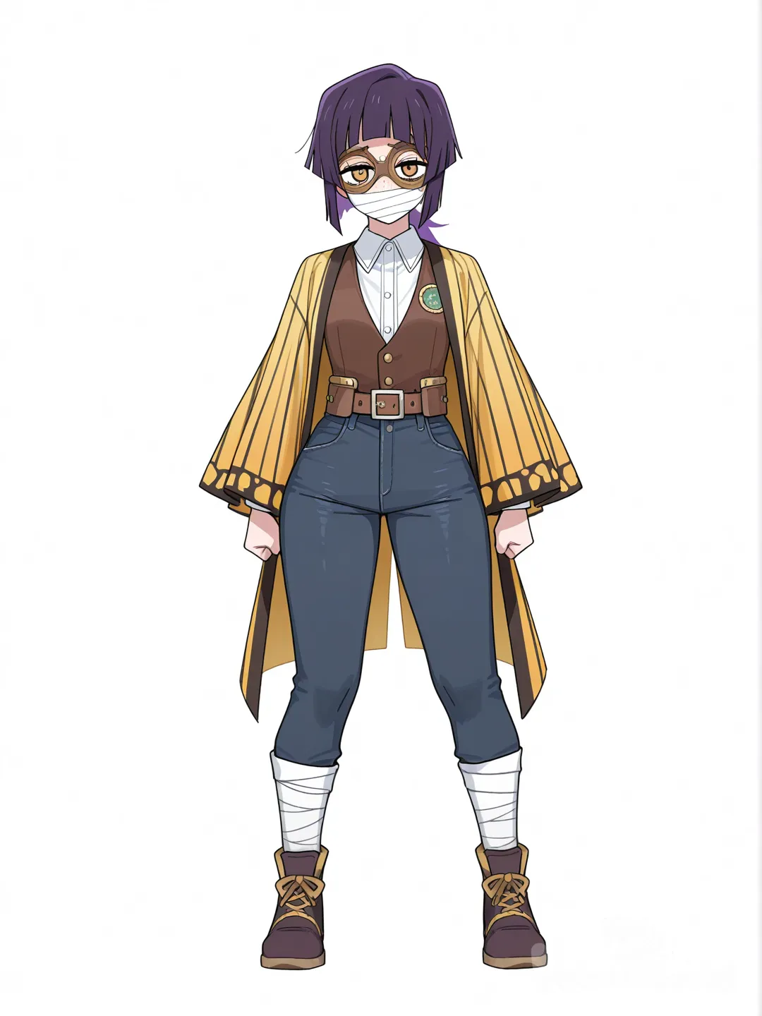 [toon-shaded-style] 1girl, yellow_eyes, purple_hair, short_hair, mullet, mushroom_haircut, freckles, curvy, teenager, black_and_white_striped_haori, bandages_over_mouth, vest, shorts, jeans, steampunk_goggles, demon_slayer_style, single character, full body, looking at viewer, anime style, simple background, white background