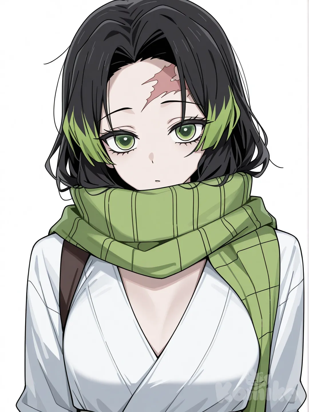 [toon-shaded-style] 1girl, kimetsu_no_yaiba, semi_realistic, teen, curvy, slim, short, green_eyes, scar, pale_skin, scarf, solo, full_body, looking_at_viewer, simple_background, white_background