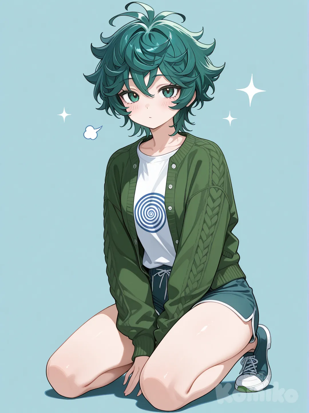 1girl, kneeling, t-shirt that's to big, knitted jacket,shorts, short hair, spiral curls, spiky hair, klein blue, navy blue, olive green