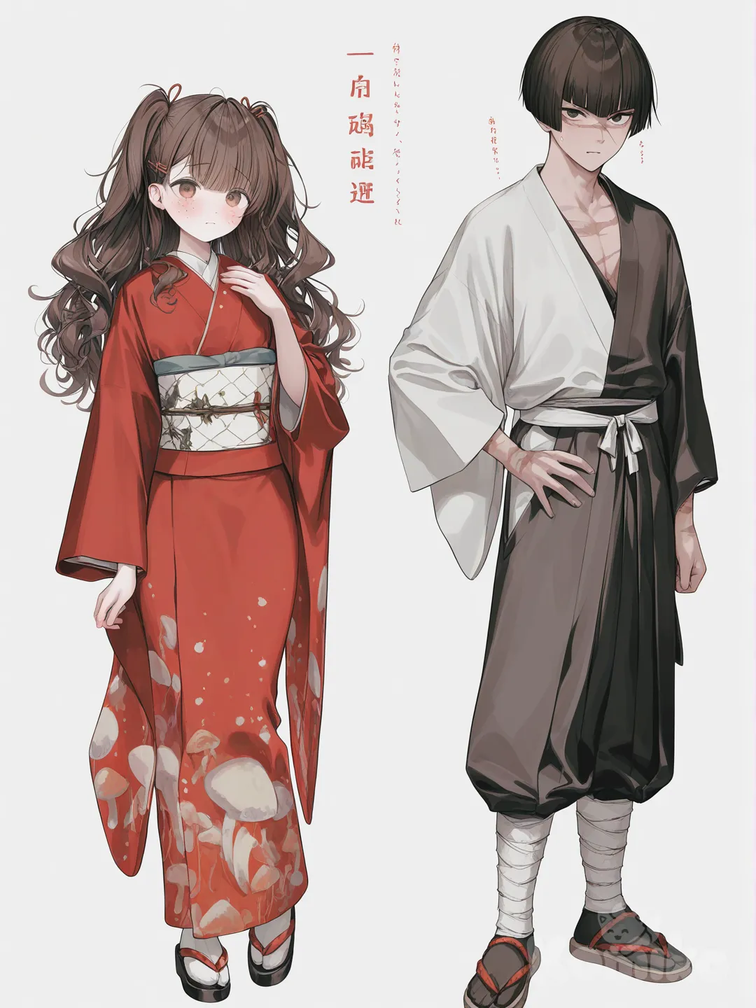 1boy, 1girl, 2people [soft-pastel-style] demon_slayer_style, original_character, teen, curvy, slim, short_(height), scrawny, brown_eyes, freckles, scar, tan, red kimono , brown_hair, undercut, mullet, mushroom_cut, curly_hair, teary_eyes, single_character, full_body, looking_at_viewer, anime_style, simple_background, white_background, with @Shinazugawa_Sanemi next to her