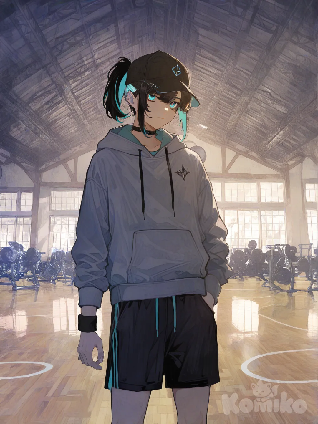 , [watercolor-illustration-style], 1boy, baseball cap, high ponytail, hoodie, shorts, day, gym
