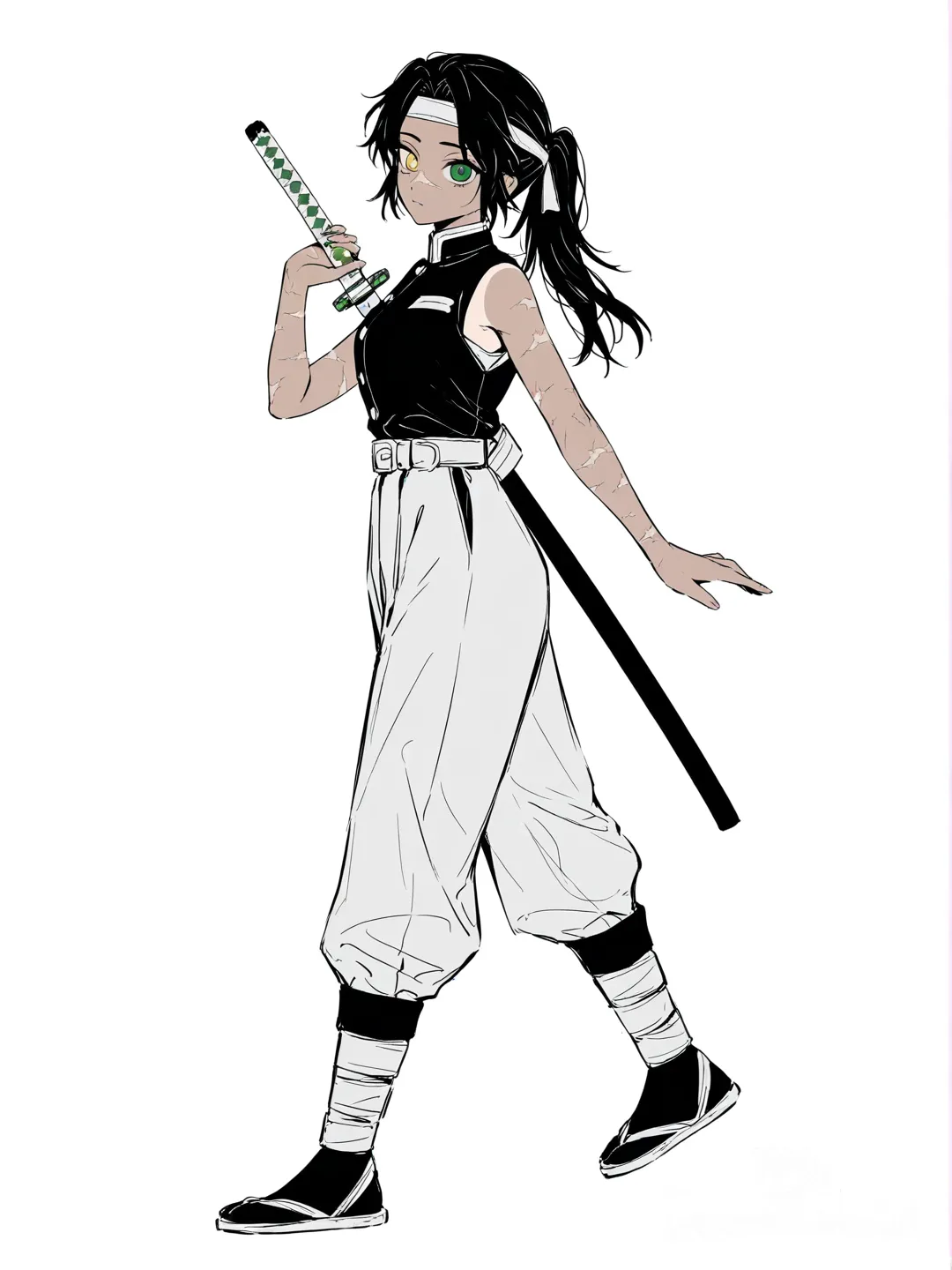 [soft-pastel-style] 1girl, original character, demon slayer style, teenager, mature, athletic, tall, black hair, ponytail, heterochromia, green eye, yellow eye, scar, tan skin, sleeveless, standard demon slayer uniform, single character, full body, looking at viewer, simple background, white background \, with tengens headband
