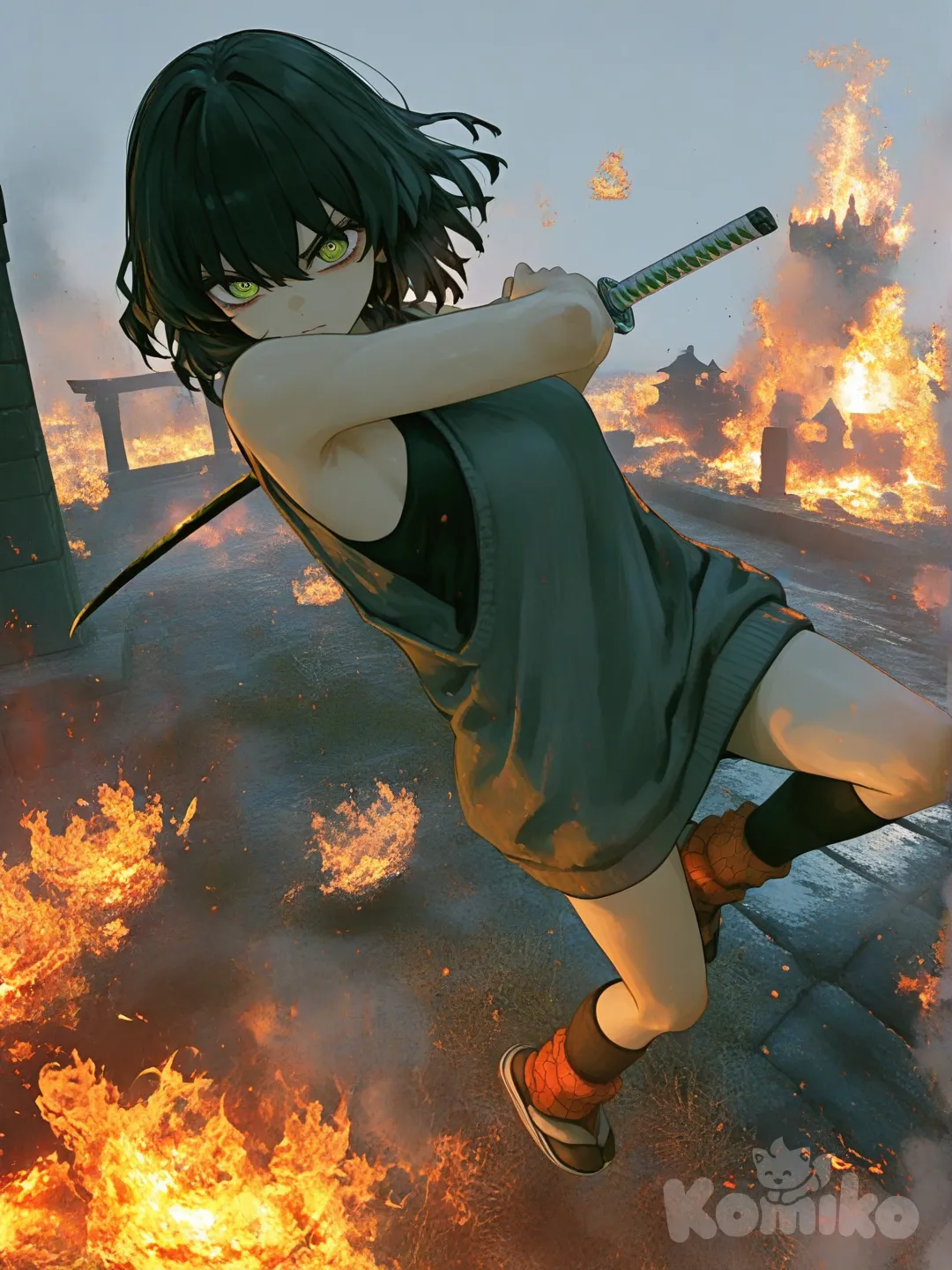 3d, [sweet-painting-style], 1girl, holding katana, fighting demons, infinaty castle, seriouse face, fire in the background, jumping in the sky, killing demon, hair down, fighting demons, a bit angry, @ray-5k2o
