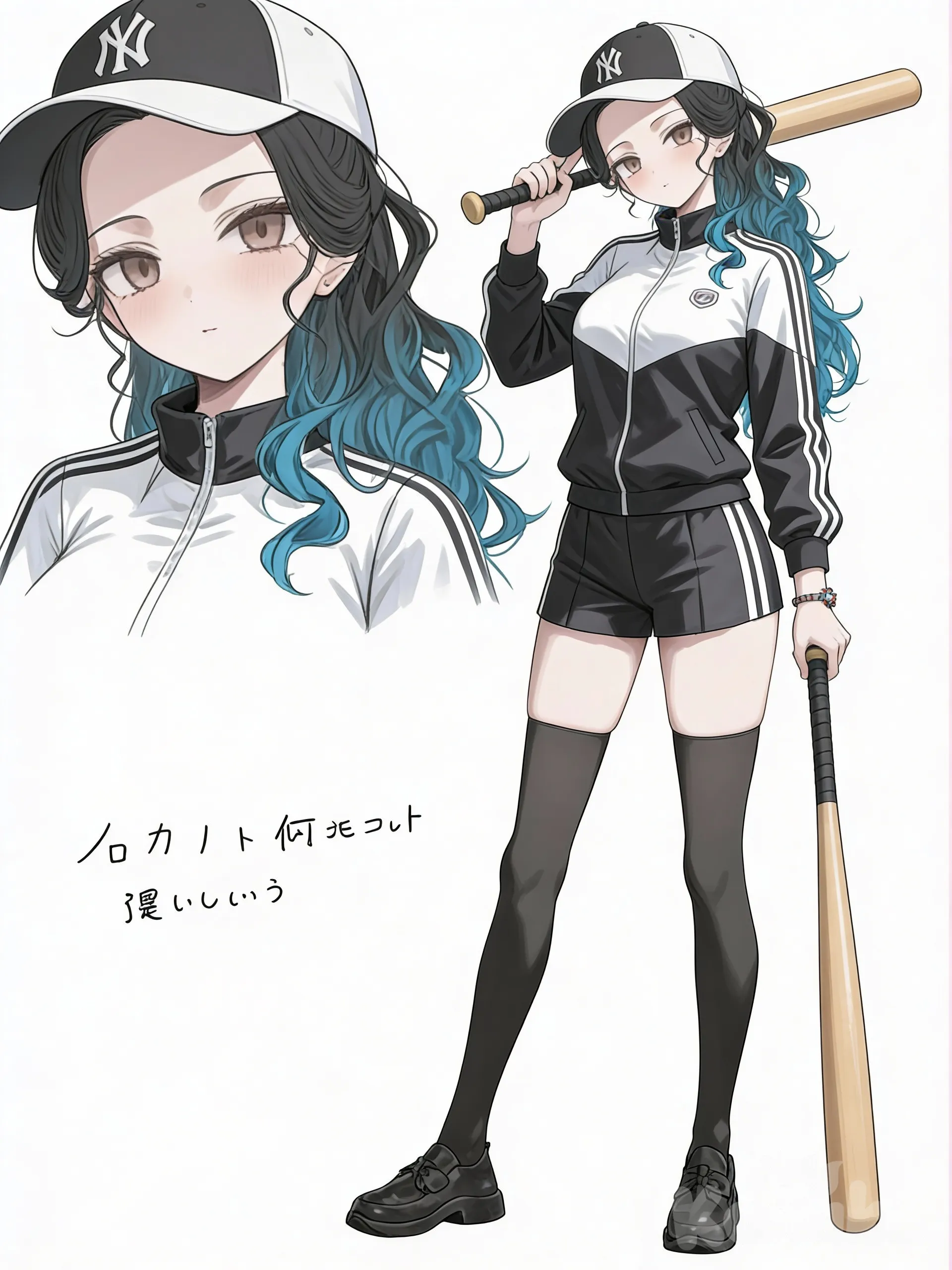 @kiko-fQbt, holding baseball bat, head tilt, baseball cap, school uniform, tracksuit