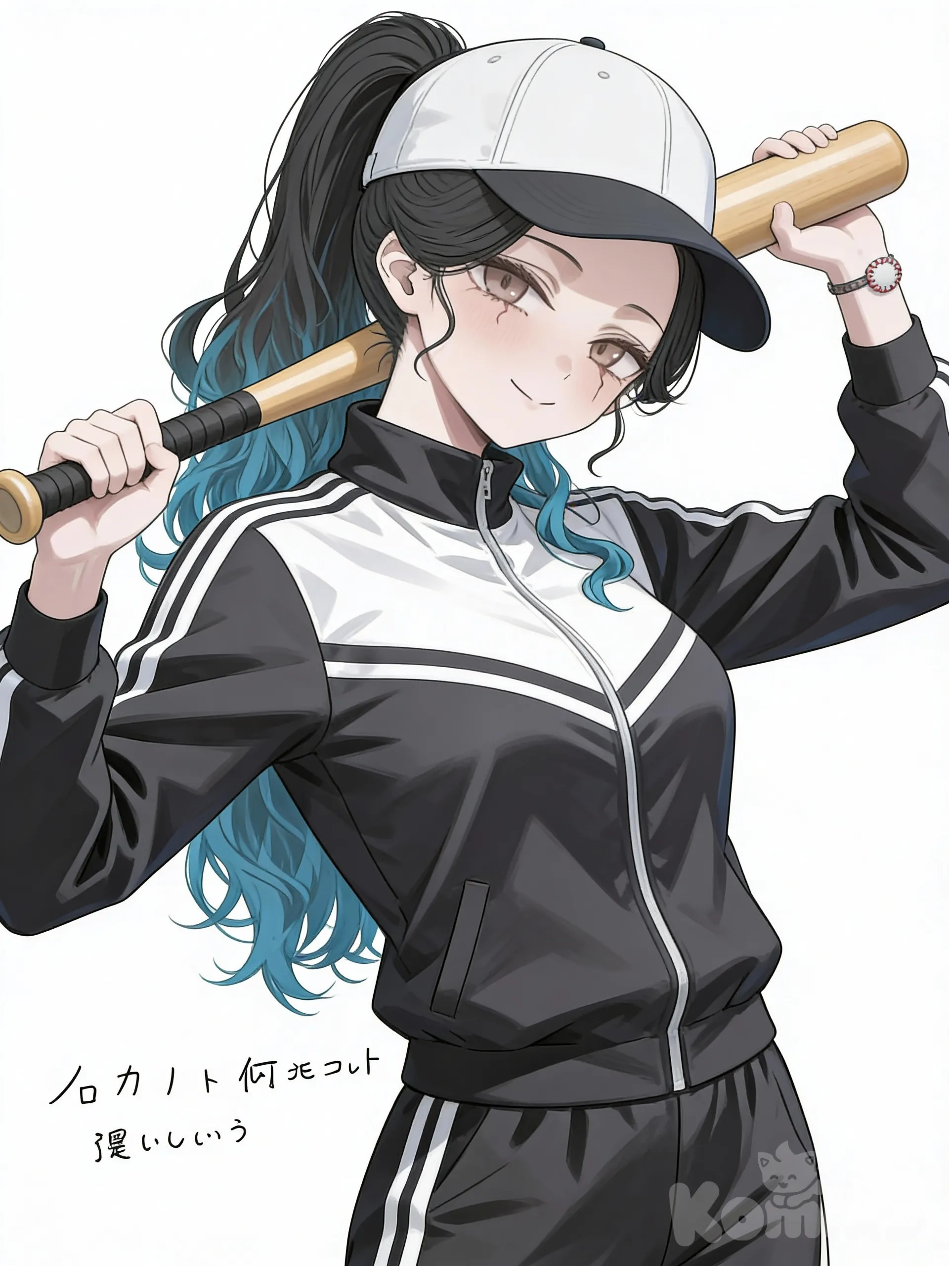 @kiko-fQbt, holding baseball bat, head tilt, baseball cap, school uniform, tracksuit