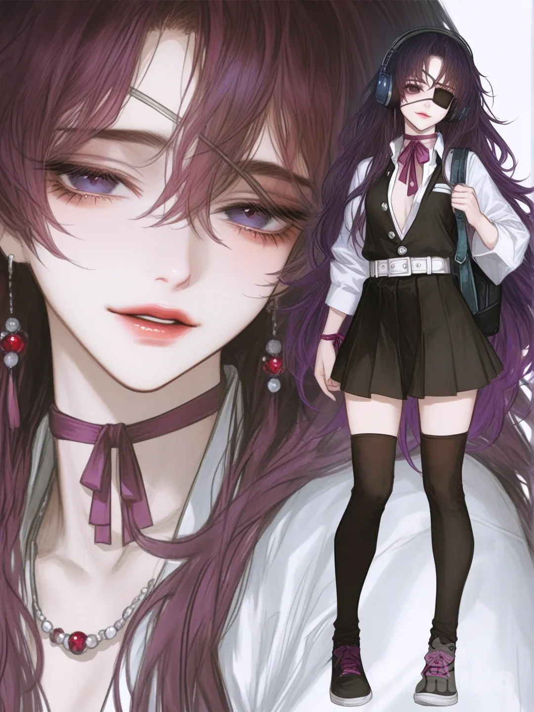 [semi-realistic-portrait-style] 1girl, demon slayer, original character, teenager, slim, athletic, short, very long purple hair, black hair, blue hair, frizzy hair, side-parted hair, blue eyes, pink eyes, purple eyes, demon slayer uniform, knee-high socks, eyepatch, headphones, bow, earrings, choker, necklace, single character, full body, looking at viewer, anime style, simple background, white background