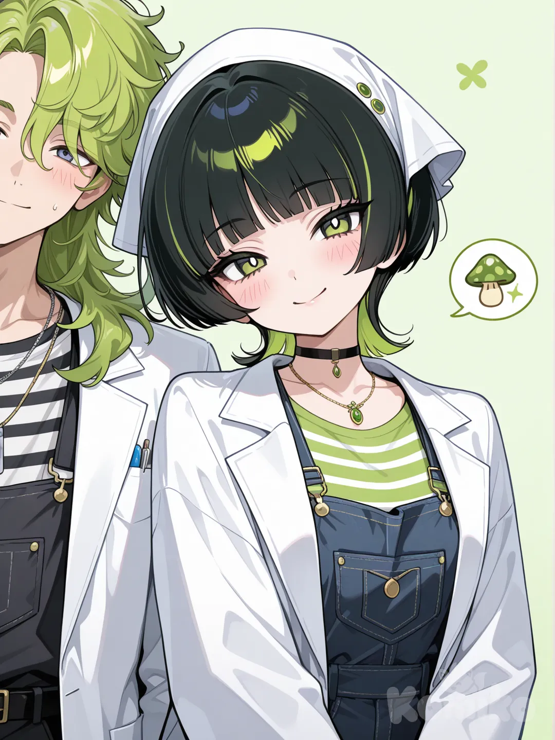 1boy, 1girl, head tilt, lab coat, striped shirt, overalls, necklace, choker, headscarf, mushroom cut, fluffy curls, mullet, olive green, charcoal black, neon green