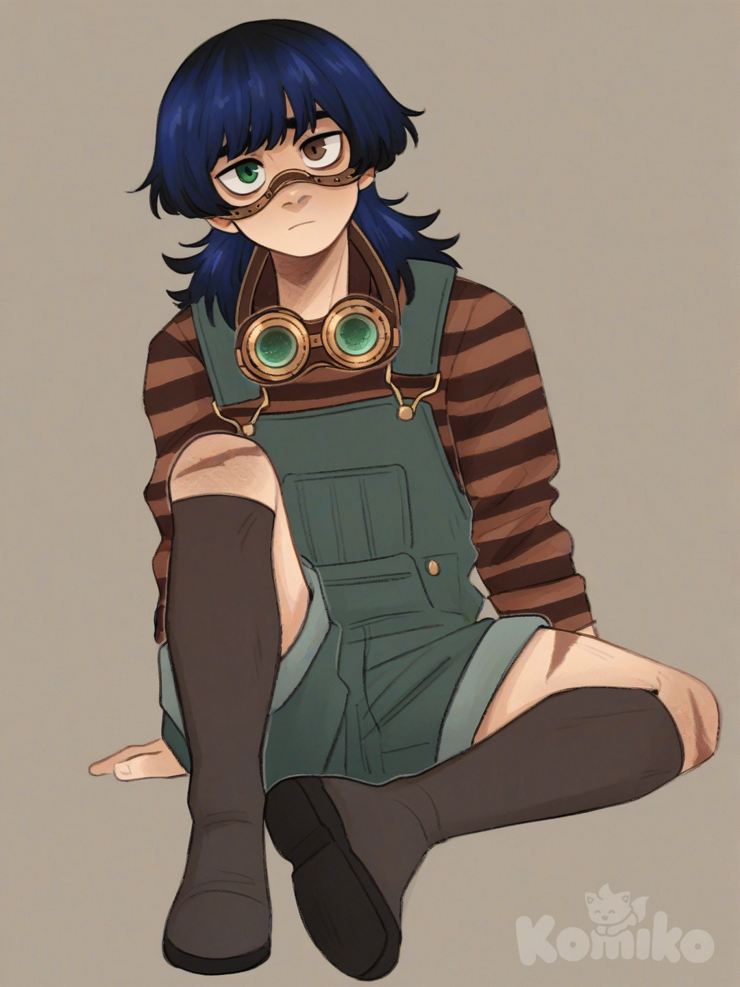 [soft-shaded-moe-style] 1boy, demon_slayer_style, my_hero_academia_style, oil_painting, original_character, teenager, curvy, slim, scrawny, short, mullet, mushroom_cut, blue_hair, short_hair, brown_eyes, green_eyes, scar, tan_skin, knitted_vest, striped_shirt, overalls, steampunk_goggles, knee_high_socks, single_character, full_body, looking_at_viewer, simple_background, white_background, sitting on the ground, head tilt, looking at viewer