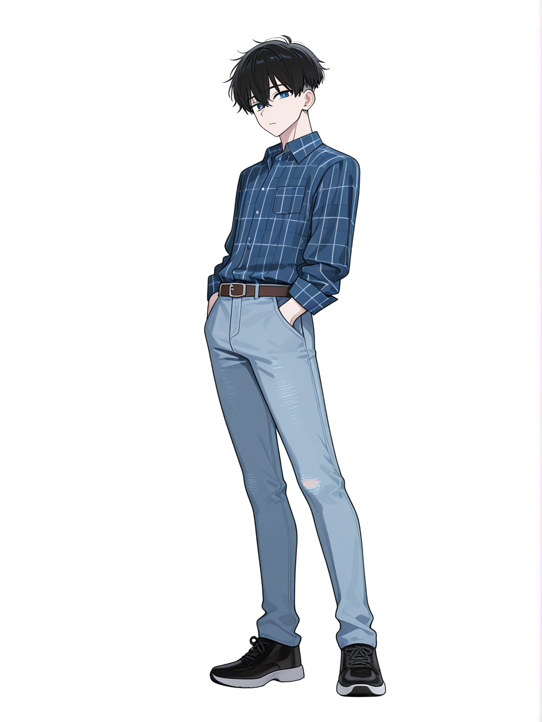 [toon-shaded-style] 1boy, stocky, tall, black_hair, undercut, blue_eyes, dimples, pale_skin, plaid_shirt, jeans, studs, single character, full body, looking at viewer, anime style, simple background, white background