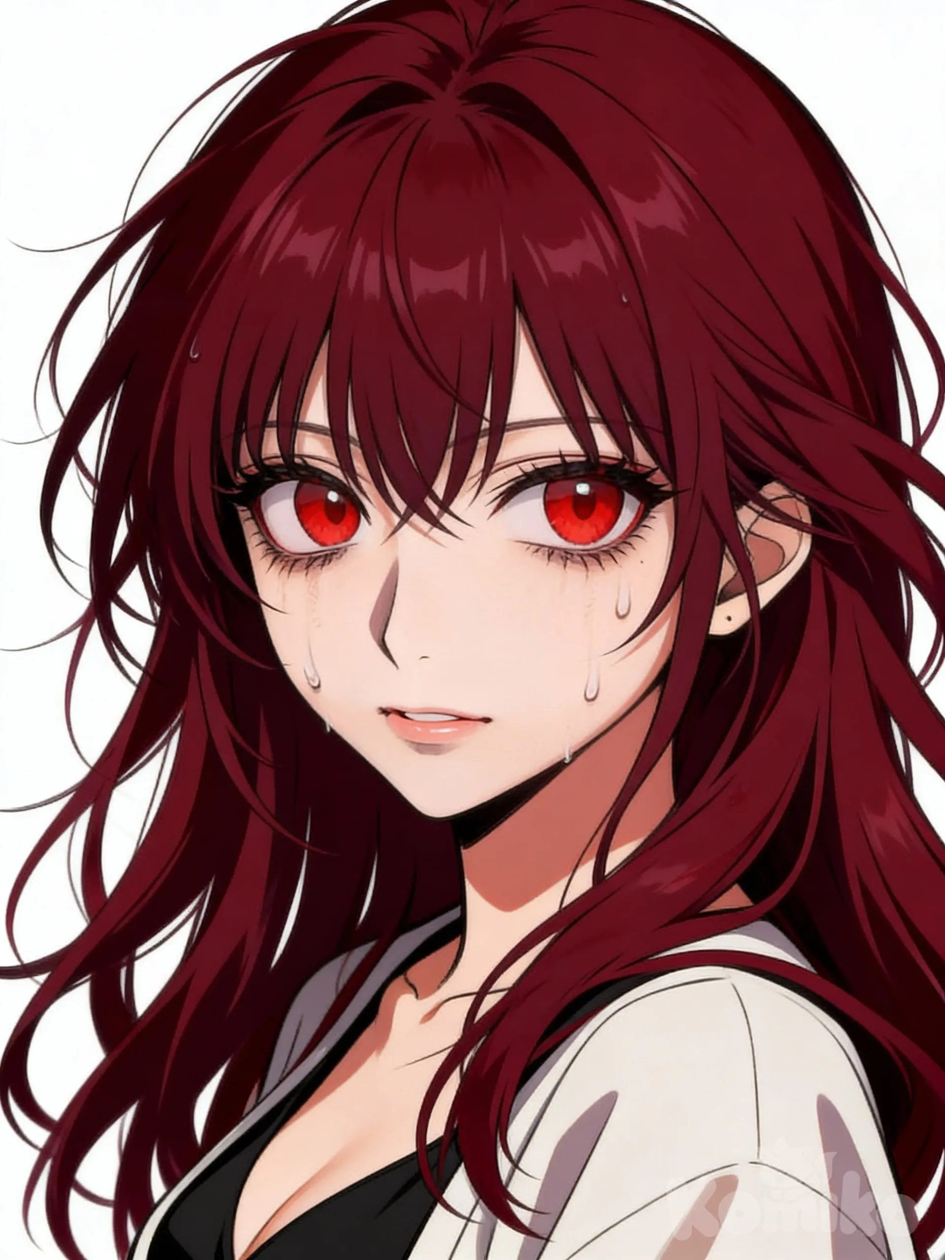 the person should be a girl, feminize the face, with wine red hair, long, messy, clothes should be changed and eyes should be red instead of blue, all facial features should be kept, and text on screed removed