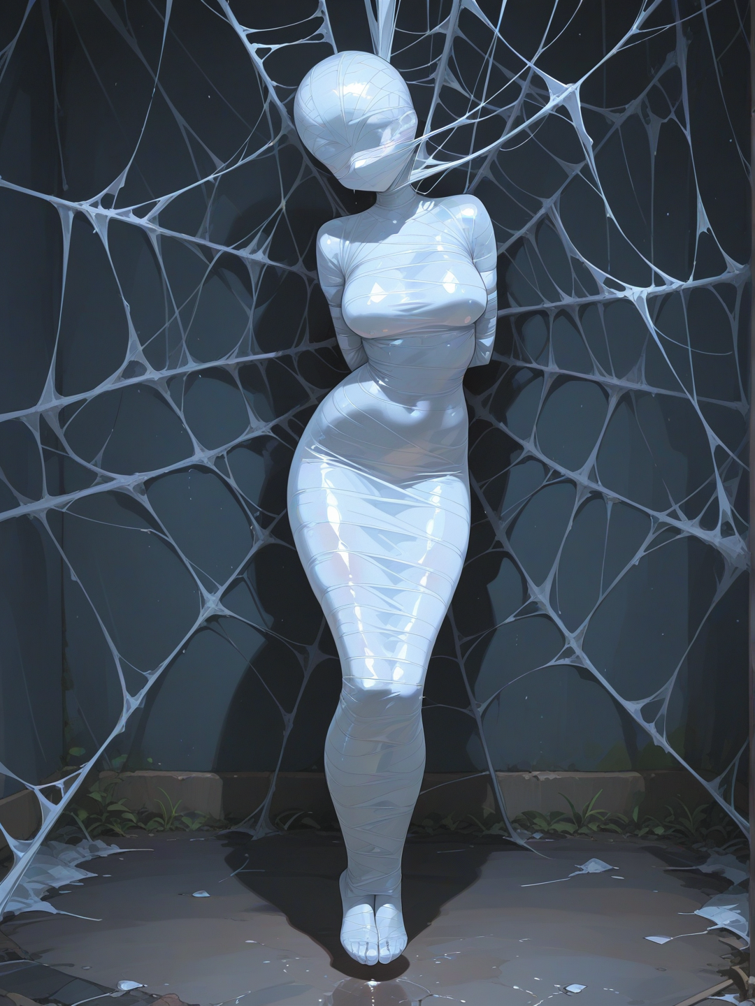 Hentai, 1 girl, caught in spider web and wrapped head to toe, predicament bondage, [sensual-glossy-style]