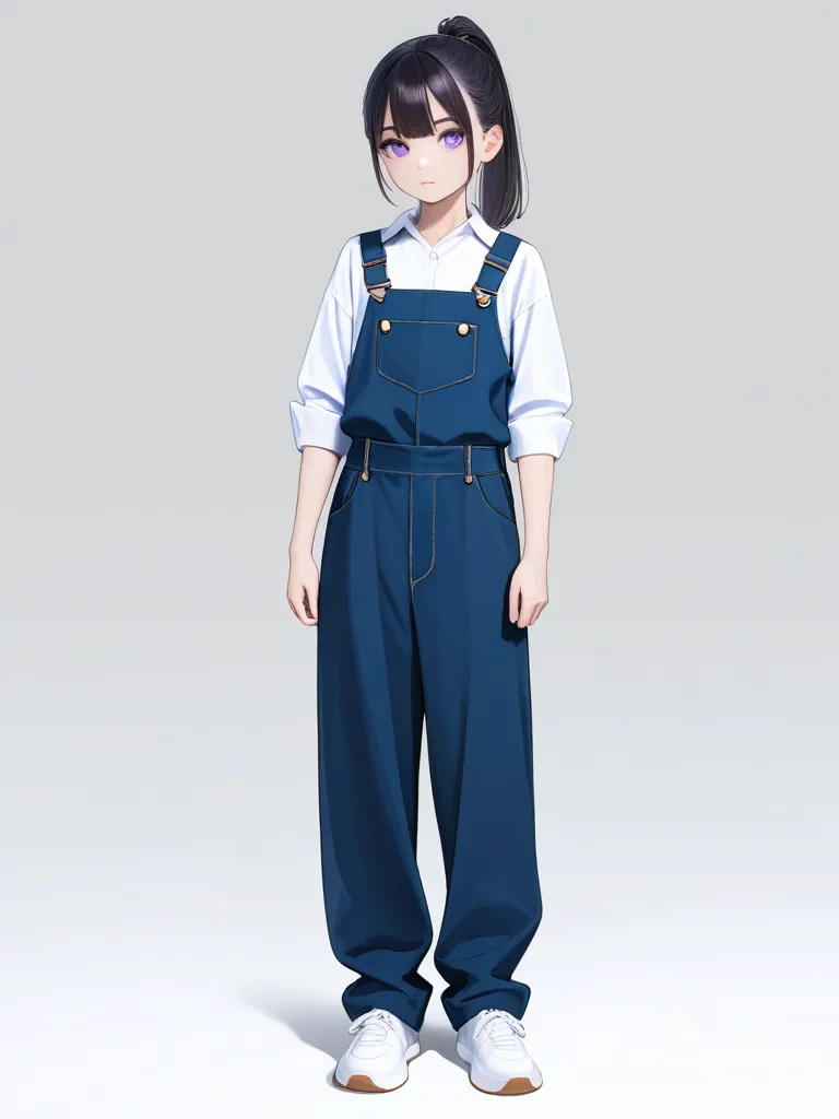 1girl, realistic, teenager, athletic build, slim, ponytail, purple_eyes, dimple, fair_skin, school, school_vest, overalls, school_uniform, studs, single_character, full_body, looking_at_viewer, simple_background, white_background