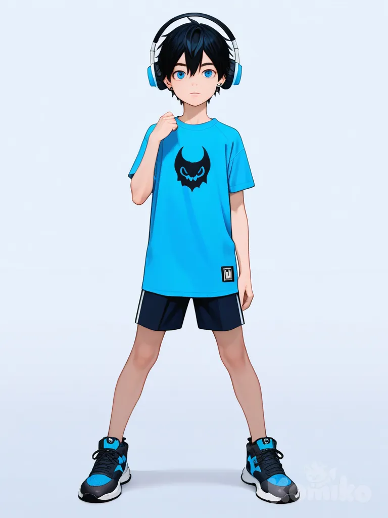 1boy, vampire, realistic, teenager, athletic, tall, muscular, black_hair, blue_eyes, red_eyes, dimple, fair_skin, t-shirt, school_uniform, stud_earrings, headphones, single_character, full_body, looking_at_viewer, simple_background, white_background