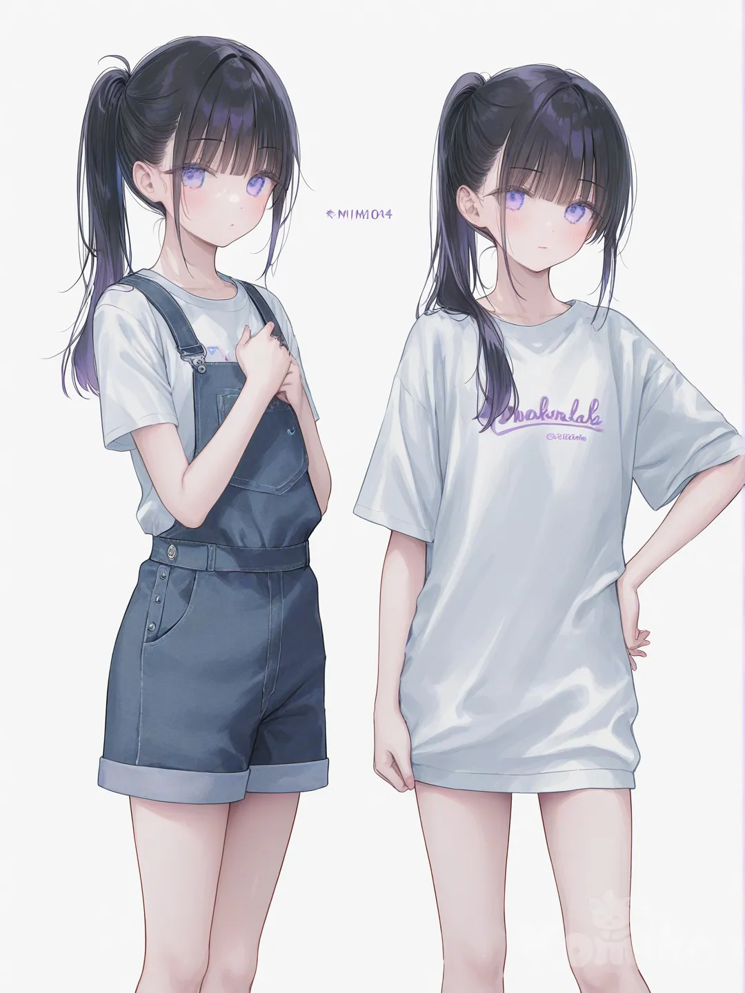 [soft-pastel-style] 1girl, realistic, teenager, athletic build, slim, ponytail, purple_eyes, dimple, fair_skin, school, school_vest, overalls, school_uniform, studs, single_character, full_body, looking_at_viewer, simple_background, white_background