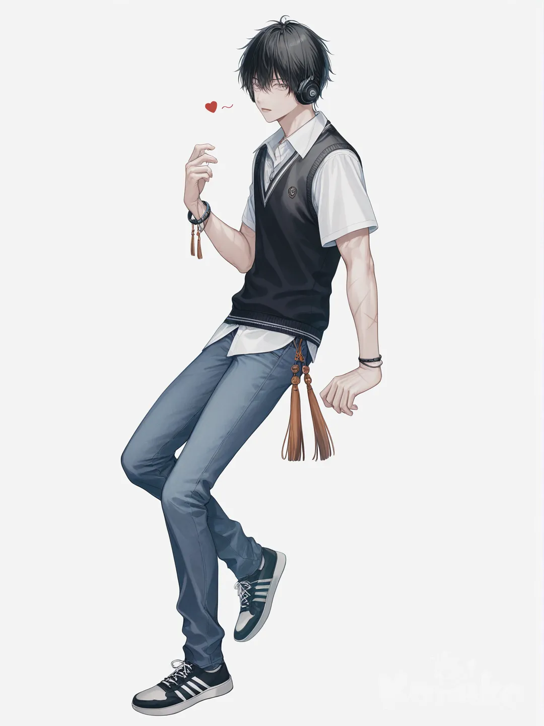 [soft-pastel-style] 1boy, vampire, teenager, athletic male, tall, muscular male, black hair, grey eyes, dimples, scar, fair skin, school uniform, vest, jeans, tassels, headphones, bracelet, single character, full body, looking at viewer, realistic, simple background, white background
