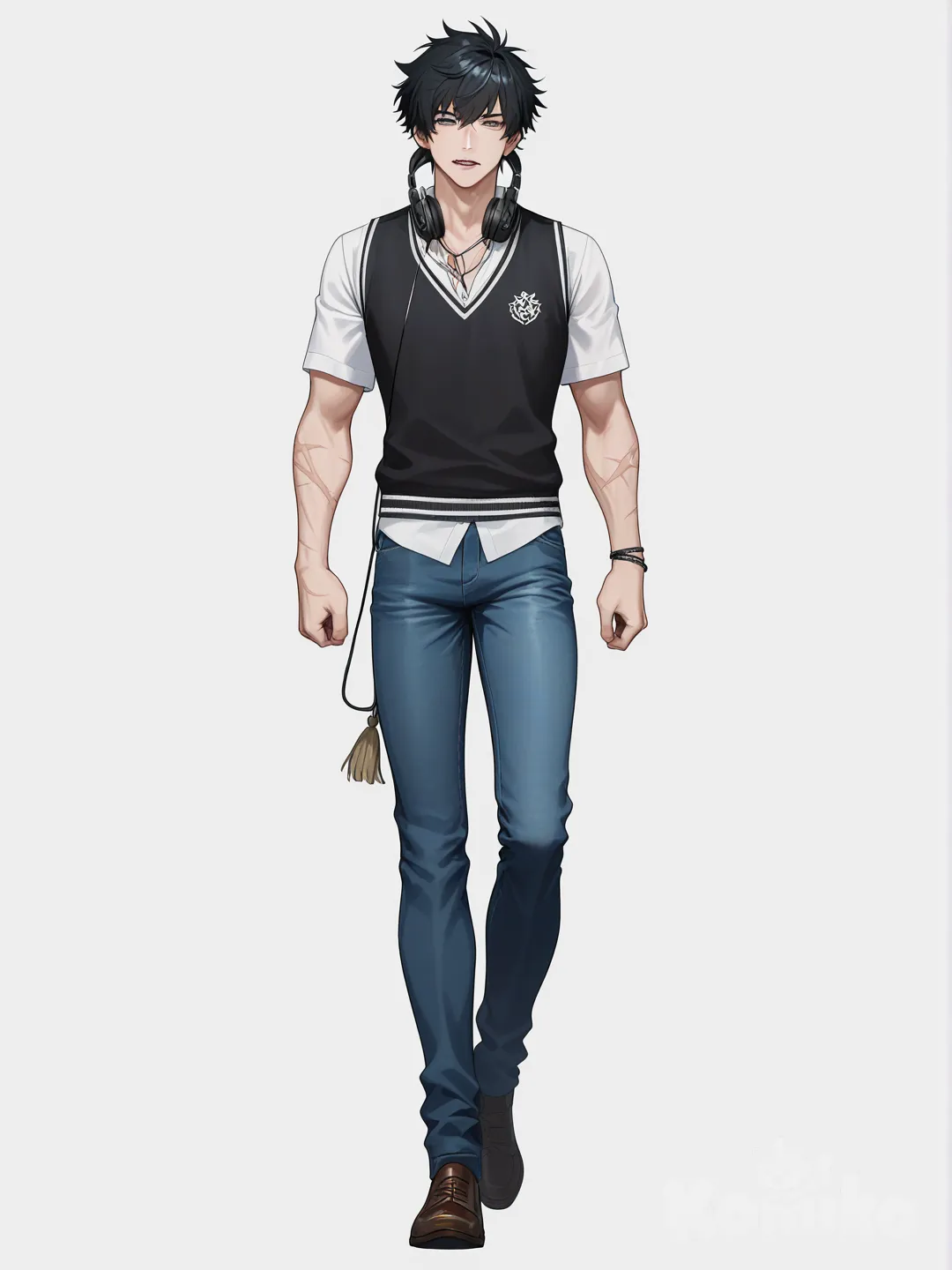 [bright-anime-style] 1boy, vampire, teenager, athletic male, tall, muscular male, black hair, grey eyes, dimples, scar, fair skin, school uniform, vest, jeans, tassels, headphones, bracelet, single character, full body, looking at viewer, realistic, simple background, white background