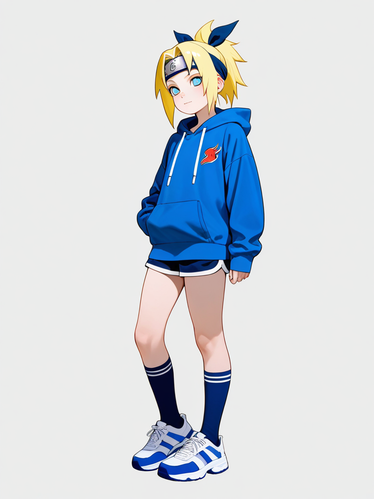 1girl, naruto style, teenager, athletic, tall, slim, long_hair, ponytail, blue_eyes, fair_skin, dimple, hoodie, jeans, school_uniform, headband, beach_shorts, knee_socks, plastic, chibi, single character, full body, looking at viewer, simple background, white background