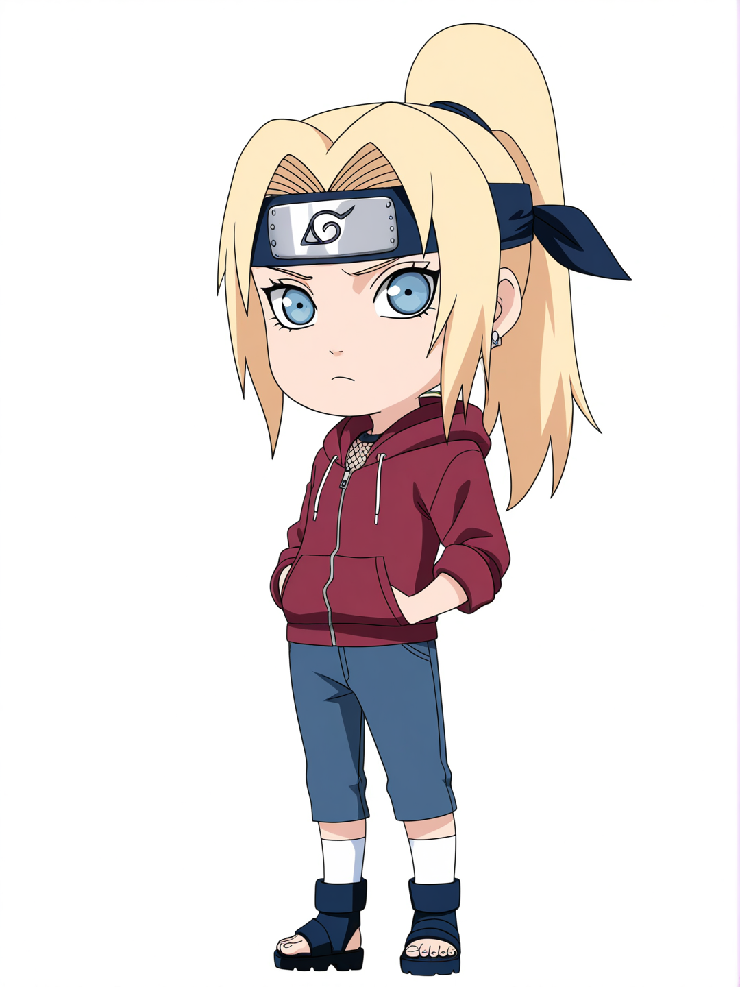 [pop-anime-style] 1girl, naruto style, teenager, athletic, tall, slim, long_hair, ponytail, blue_eyes, fair_skin, dimple, hoodie, jeans, school_uniform, headband, beach_shorts, knee_socks, plastic, chibi, single character, full body, looking at viewer, simple background, white background