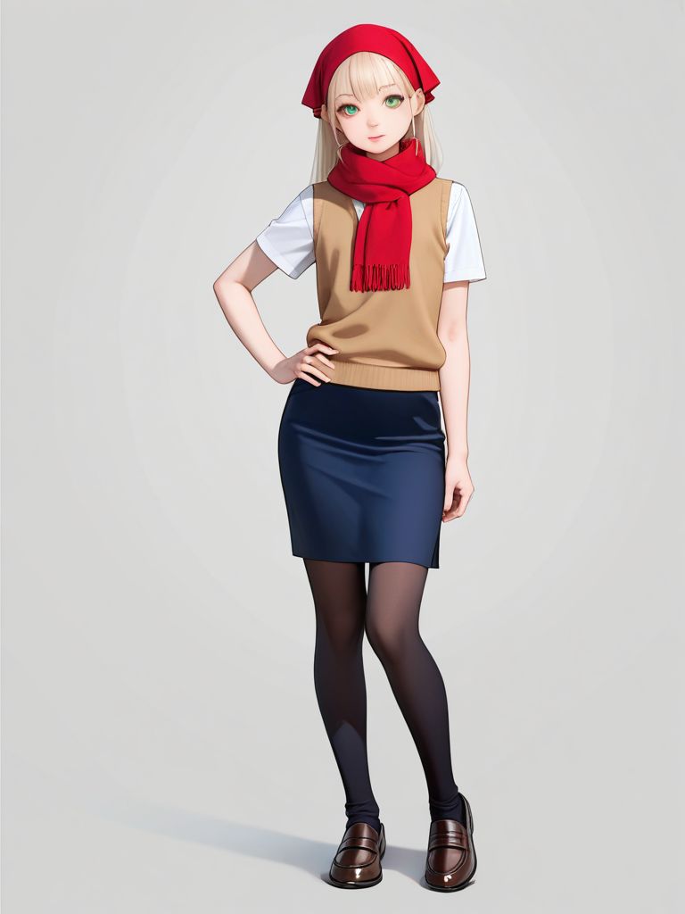 1girl, realistic, teenager, athletic, slim, green_eyes, dimple, fair_skin, school_vest, pencil_skirt, school_uniform, tassels, headscarf, scarf, single_character, full_body, looking_at_viewer, simple_background, white_background