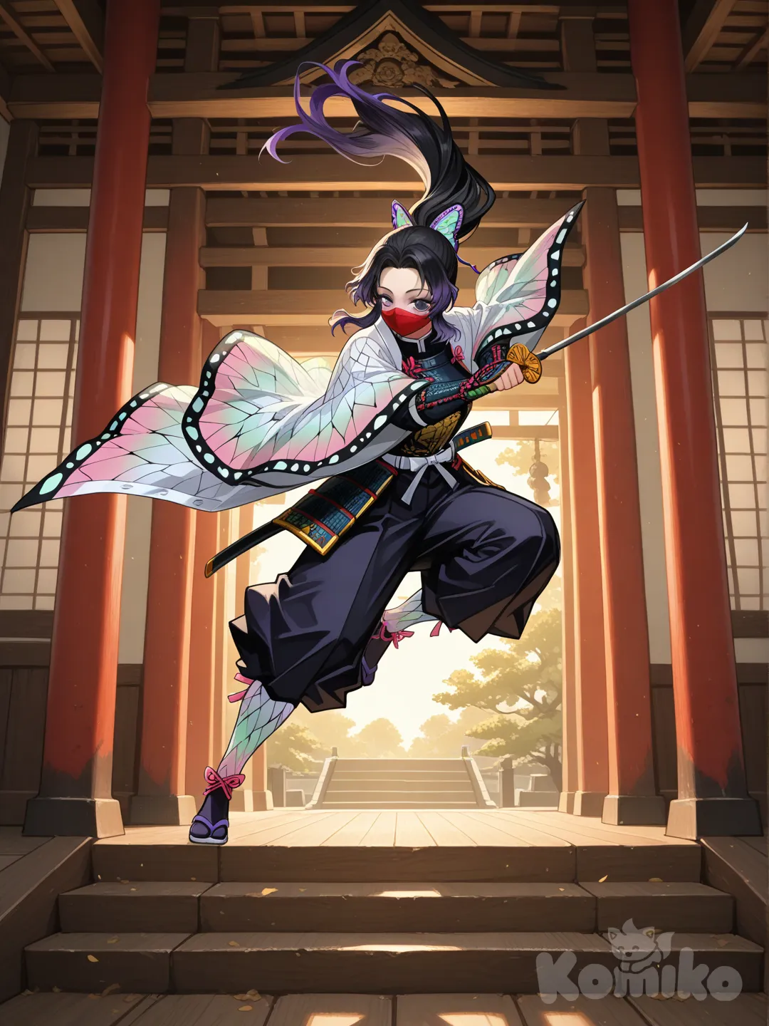 @Kochou_Shinobu, A female samurai warrior, full body shot, posed dynamically to emphasize her slender, yet powerful body curves. She has long, flowing black hair, a fierce red demon (mempo) mask covering her face, and is holding a long odachi sword with a firm grip. She wears traditional samurai armor, but it is stylized to highlight her feminine form without being overly revealing. The armor is dark, possibly with subtle demonic engravings. The background is a dimly lit, atmospheric Japanese setting, perhaps a misty forest or a traditional temple entrance, adding to the mysterious and powerful aura. Cinematic lighting, dramatic shadows, realistic rendering, high detail, 8K, intricate details.