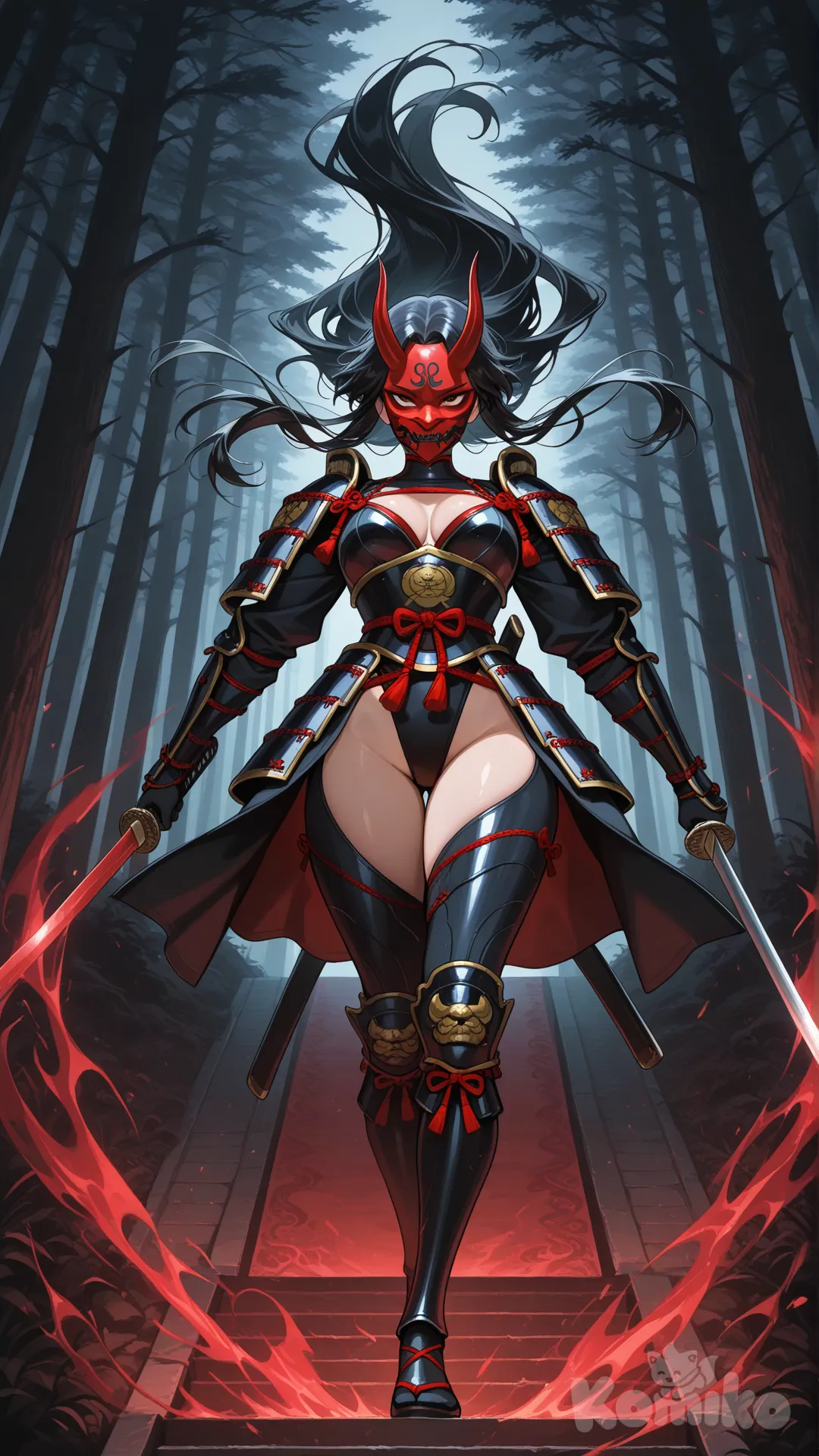 A female samurai warrior, full body shot, posed dynamically to emphasize her slender, yet powerful body curves. She has long, flowing black hair, a fierce red demon (mempo) mask covering her face, and is holding a long odachi sword with a firm grip. She wears traditional samurai armor, but it is stylized to highlight her feminine form without being overly revealing. The armor is dark, possibly with subtle demonic engravings. The background is a dimly lit, atmospheric Japanese setting, perhaps a misty forest or a traditional temple entrance, adding to the mysterious and powerful aura. Cinematic lighting, dramatic shadows, realistic rendering, high detail, 8K, intricate details.