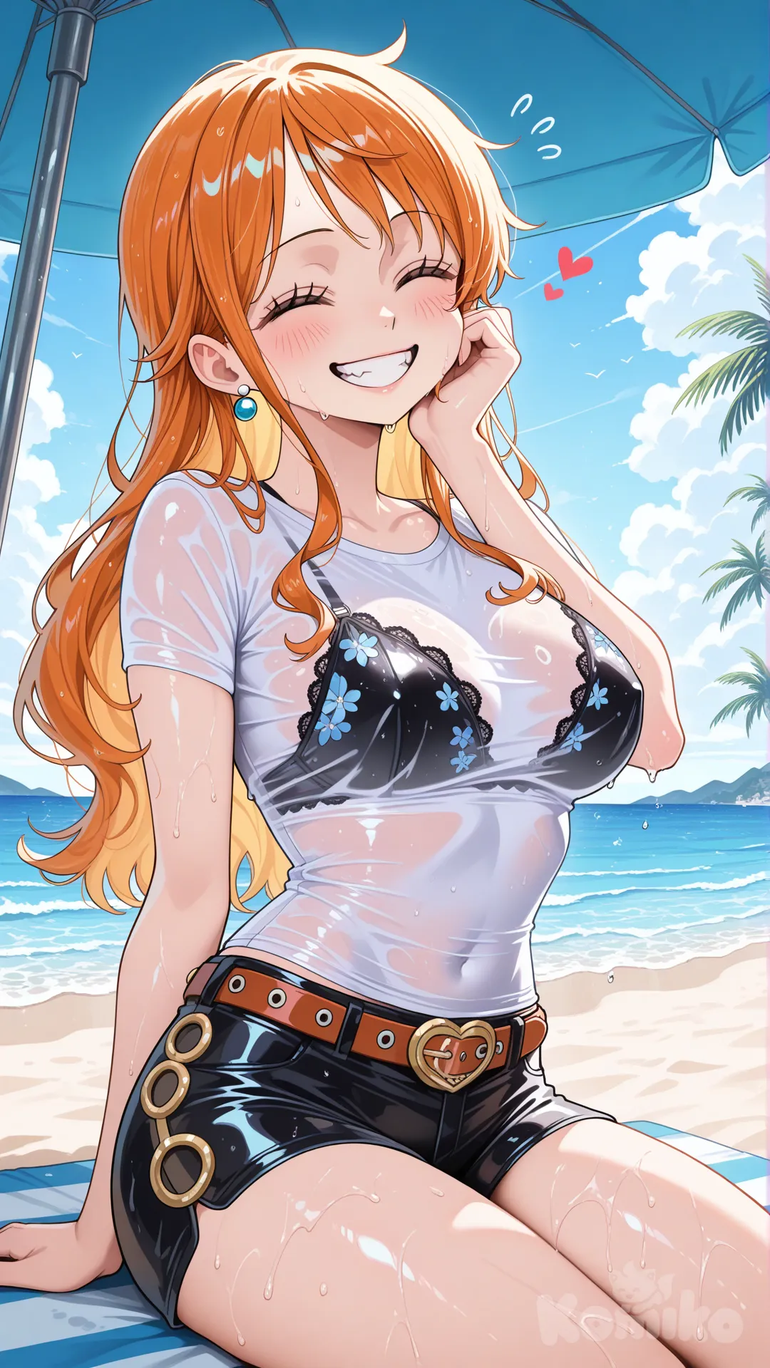 @Nami_(One_Piece),A beautiful young anime/manga style girl with balanced curvaceous figure,Long hair , smooth fair skin. She wears a thin sheer white wet t-shirt clinging tightly (soaked with seawater, completely transparent revealing the black lace bra underneath and erect nipples), shiny black shorts with red belt and golden buckle; her body glistening with seawater from head to toe, cheeks flushed. She sits centrally in waist-up shot, head tilted right, hands cupping cheeks, mouth wide open in joyful smile showing teeth, eyes closed happily; seawater droplets on skin and wet t-shirt; above her head, two small red heart shapes and subtle anime-style sweat drops or vapor effects conveying joy and embarrassment.
Vibrant sunny beach background with fine sand, clear blue sky with white clouds, tropical palm trees and blue beach umbrella left, calm turquoise ocean right with horizon and distant hills. Anime/manga illustration style, clean precise lines, bright saturated colors, overhead sunlight creating glossy shimmering highlights on skin and wet t-shirt; wet seawater effects, heart and vapor visuals; ultra 8k resolution --ar 9:16