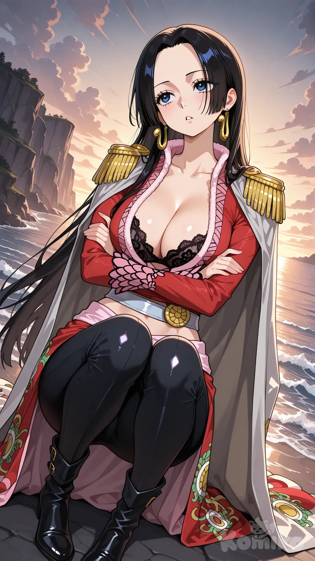 @Boa_Hancock,A full-body portrait of an anime-style female character, standing vertically with long, straight black hair falling over her shoulders. Her head is slightly tilted to the right, and her gaze is directed upwards and to the left, with an expression that appears somewhat aloof or disdainful. She has her arms crossed in front of her chest. She wears a red long-sleeved shirt with a zippered front, **the zipper pulled down low, below her chest, opening wide to reveal a black lace bra** underneath, with a high collar. The shirt is adorned with intricate floral and scroll-like patterns in red and light blue on the chest and sleeves. Gold epaulets are visible on her shoulders, and a light gray, cape-like garment or long hair extends behind her shoulders. She wears shiny black, form-fitting pants or leggings, cinched at the waist by a silver belt with an ornate floral buckle and segments.

**Camera Angle:** Medium shot (from slightly above the knees to the top of her head), focusing on the character, with a dramatic cliffside coastal background.
**Setting:** Rugged sea cliff coastline, foamy waves crashing below, dramatic overcast sky or sunset.
**Suggested Aspect Ratios:** 2:3 or 9:16 (portrait) to highlight the character's height and attire, while also capturing the grandeur of the setting.
**Art Style:** Anime/manga, vibrant colors (red, black, gold), dramatic natural lighting accentuating the sheen of the clothing and intricate patterns, conveying a powerful, elegant, and sensual character in a wild landscape.